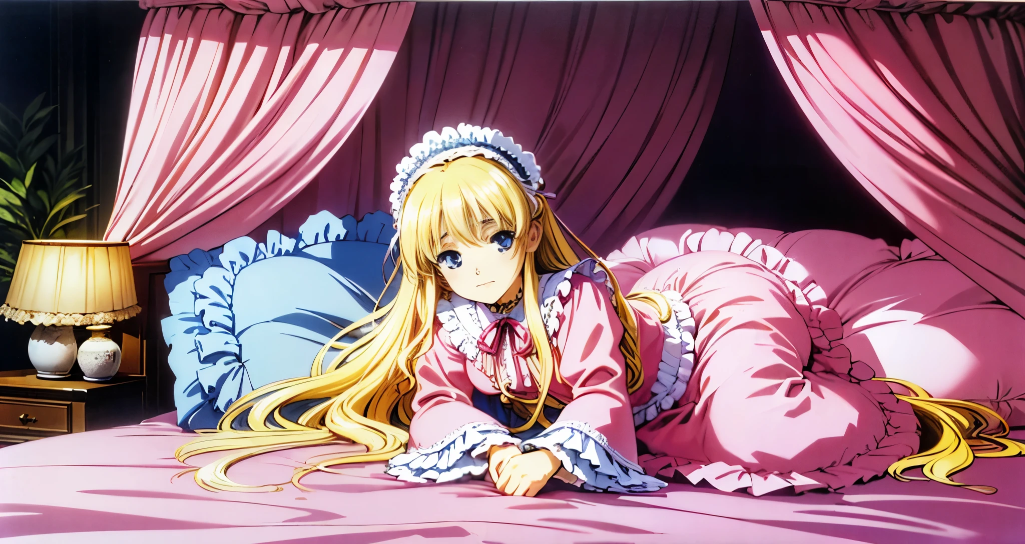 ,highest quality, masterpiece, highest resolution, artwork, super それにget used to it, many get used to it, get used to it, それにget used to it, 3K anime illustration,(( 10 year old girl)),Super detailed baby face,high quality small face,long blonde hair that grows to the waist,blue eyes,白い肌のeuropean,pajamas, european,(((super long blonde hair))),curly hair,blue eyes,((((ピンクのロリータファッションのlong skirtのワンピースドレス)))),((Pink dress with plenty of frills and ribbons)),((Luxurious headdress with frills and ribbons)),Detailed headdress,,(((big yoke collar))),Yoke collar with ruffles and ribbons,((((long sleeve)))),ruffle sleeves,((((long skirt)))),white ruffle and lace socks,large frill and ribbon pillow,(((fine pink costume))),豪華なcanopy bedの上,canopy bed,The bed is surrounded by luxurious curtains,many frilly pillows on the bed,A lot of frilly pillows behind the girl,super detailed background,detailed bed,soft pink comforter,Super detailed soft ruffle pillow,Beautiful girl illustration,super detailed beautiful face,detailed hair,detailed eye ,super detailed eyes,Super detailed eye highlights,super detailed mouth, arm details,fine hands,Detailed pillow,wide bed,Illustration on the bed, ,((((round futon)))),((((A large ruffled futon that covers the entire bed)))),detailed comforter,detailed bedシーツ,Before bedtime,romantic atmosphere,palace bedroom,((((The lower half of the body is hidden under the futon and the puffy skirt...)))) The girl is leaning on a pile of pillows, ,((((round futon)))),((((A large futon with frills that covers the entire bed)))),