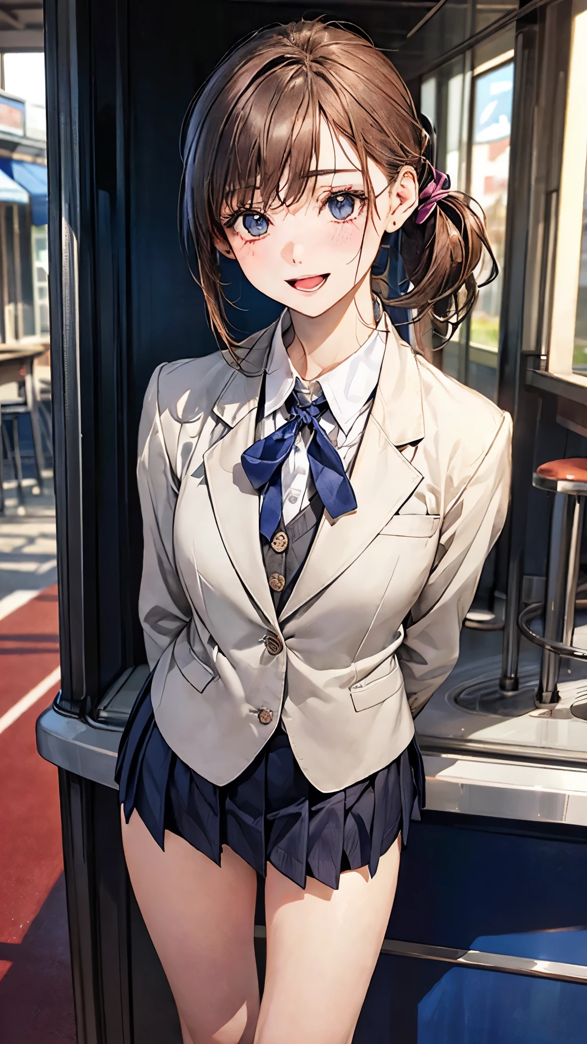 (masterpiece:1.2, top-quality), (realistic, photorealistic:1.4), beautiful illustration, (natural side lighting, movie lighting), 
looking at viewer, 1 girl, japanese, high dchool girl, 14 years old, perfect face, perfect body, cute and symmetrical face, shiny skin, babyface, tiny, 
(short hair:1.5, (low ponytail):1.6, long sideburns, light brown hair), asymmetrical bangs, dark blue eyes, drooping eyes, (middle breasts, seductive thighs, big ass), 
beautiful hair, beautiful face, beautiful detailed eyes, beautiful clavicle, beautiful body, beautiful chest, beautiful thigh, beautiful legs, beautiful fingers, 
((cute private school uniform, (white school blazer, closed blazer), gray collar white collared shirt, navy blue box pleated skirt, violet neck ribbon), emerald green hair ribbon), 
(beautiful scenery), evening, (outside amusement arcade), standing, leaning forward, (arms behind back), (lovely smile, upper eyes, open mouth small), 