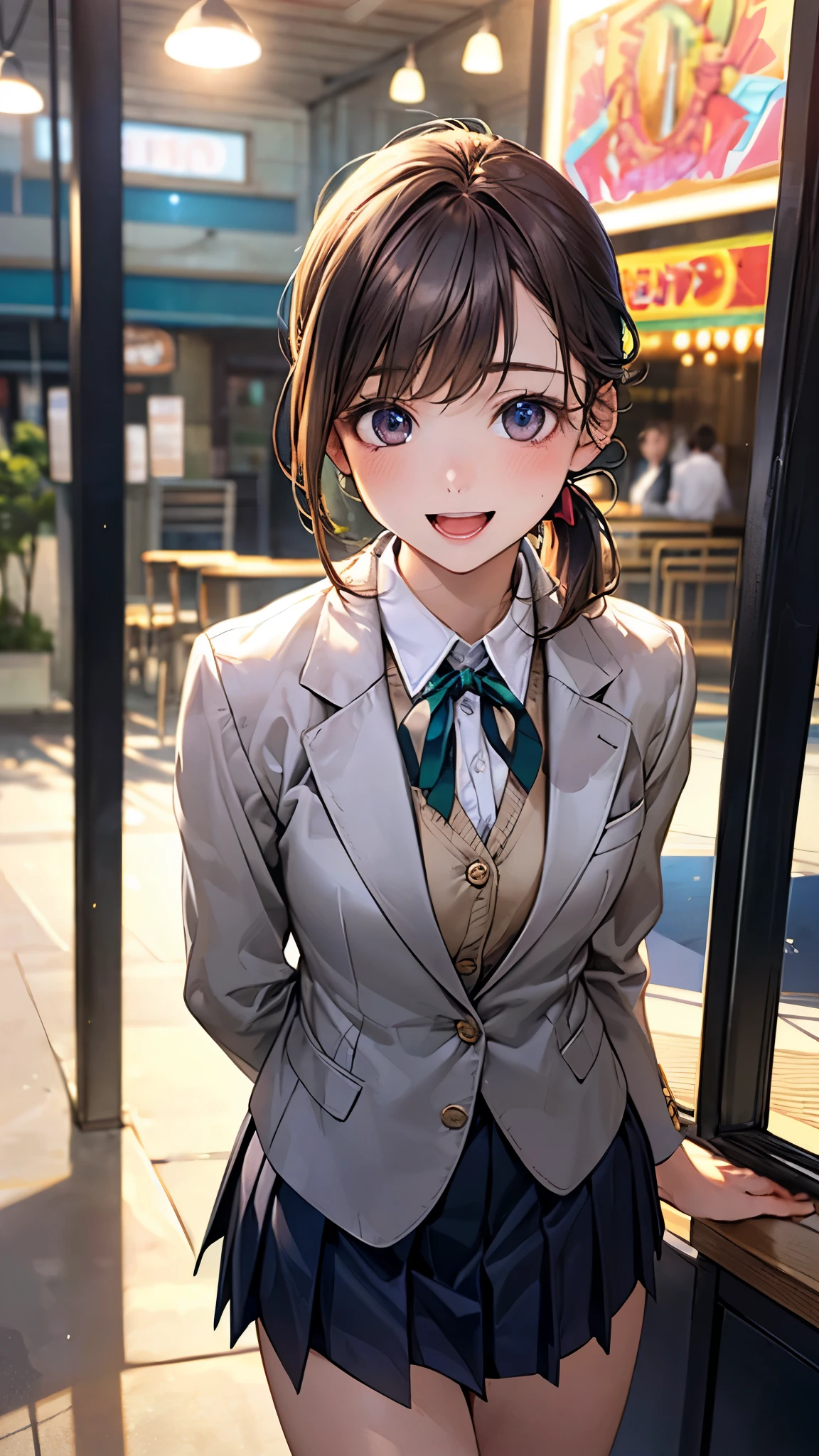 (masterpiece:1.2, top-quality), (realistic, photorealistic:1.4), beautiful illustration, (natural side lighting, movie lighting), 
looking at viewer, 1 girl, japanese, high dchool girl, 14 years old, perfect face, perfect body, cute and symmetrical face, shiny skin, babyface, tiny, 
(short hair:1.5, (low ponytail):1.6, long sideburns, light brown hair), asymmetrical bangs, dark blue eyes, drooping eyes, (middle breasts,  thighs, big ass), 
beautiful hair, beautiful face, beautiful detailed eyes, beautiful clavicle, beautiful body, beautiful chest, beautiful thigh, beautiful legs, beautiful fingers, 
((cute private school uniform, (white school blazer, closed blazer), gray collar white collared shirt, navy blue box pleated skirt, violet neck ribbon), emerald green hair ribbon), 
(beautiful scenery), evening, (outside amusement arcade), standing, leaning forward, (arms behind back), (lovely smile, upper eyes, open mouth small), 