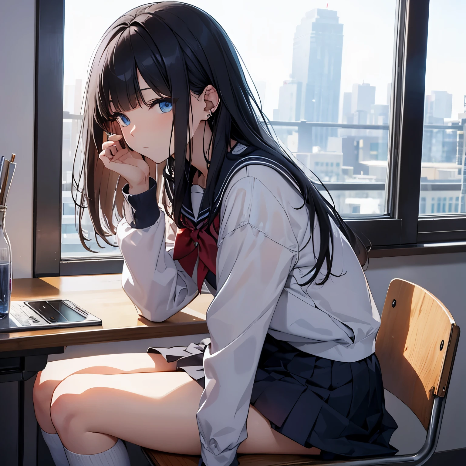 best quality)), ((masterpiece)), (detailed), perfect face, classroom, sitting by window, wearing wired earbuds , pov pperspective from the side, side profile, hand facing camera tapping on table, winter sailor-styled school uniform, noon, dim lighting, subdued colours, both eyes closed, window sided hand supporting face, fair-skinned age girl, long black hair, blunt bangs, eyes piercing blue, tareme eyes, character doesn’t acknowledge the camera, character’s facing the picture’s right side, the window on the charcter’s right, camera slightly angled from below, camera slightly tilted to the right,