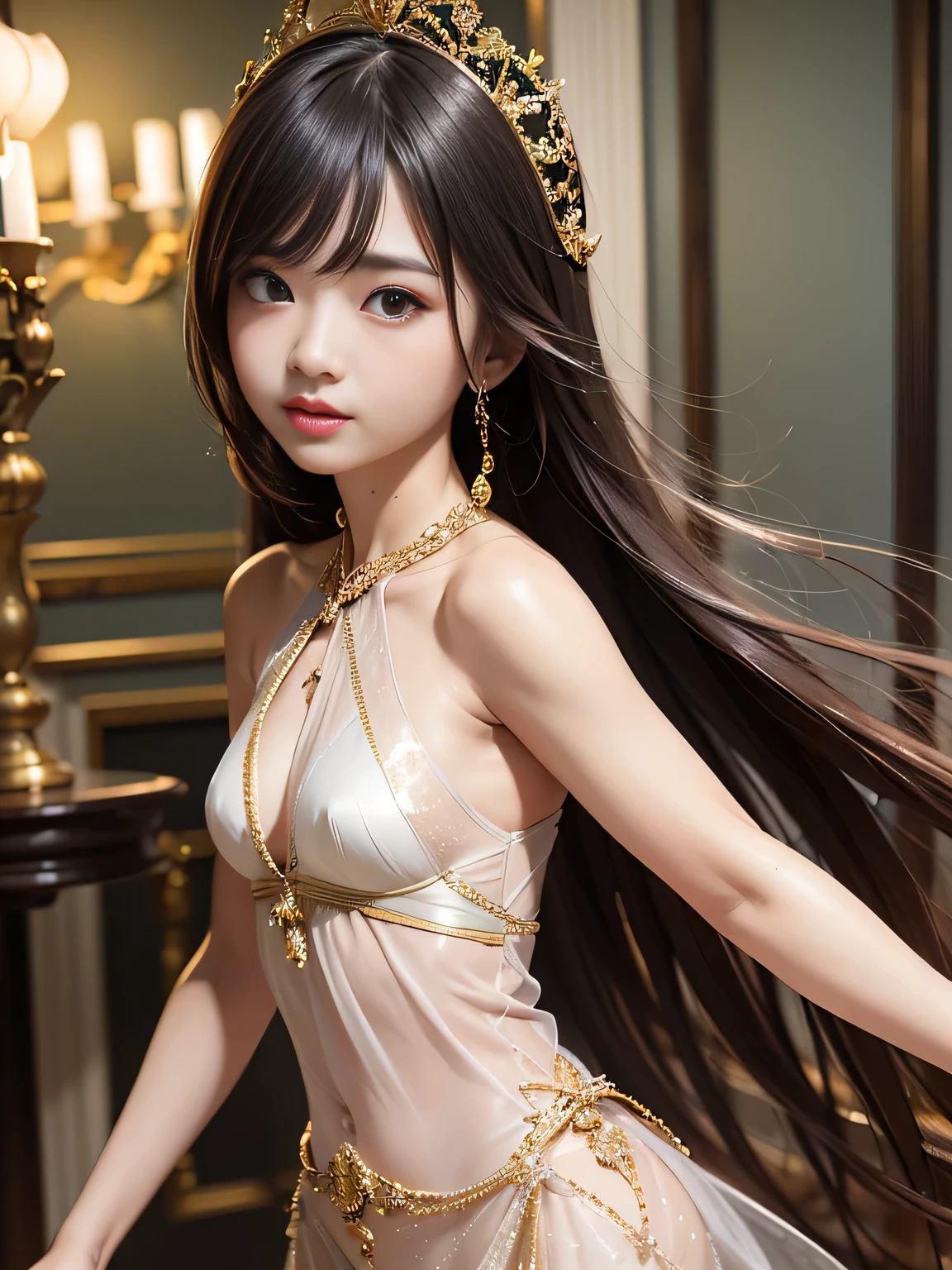 ultra high resolution、super high quality、8k、Detailed details、great expression、1 female、Tall and slender woman、small breasts、long brown curly hair、Blue see-through dress with luxurious hair ornaments、luxury hotel dance party background、