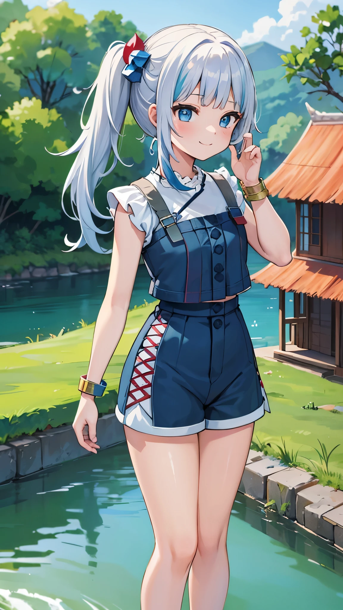 masterpiece, best quality, absurdres, perfect anatomy, 1girl, solo, Kobo3rd, side ponytail, bracelet, hair ornament, blue shirt, sleeveless, midriff, white shorts, standing, river, beautiful village background, traditional house, smile, outdoors,wear Indonesian traditional dress