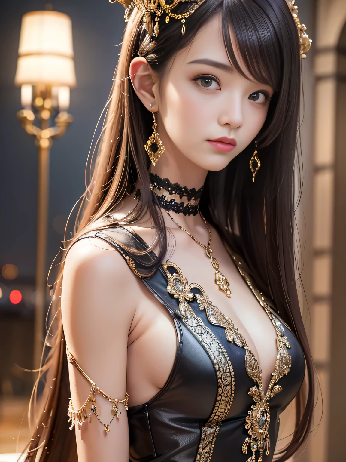 ultra high resolution、super high quality、8k、Detailed details、great expression、1 female、Tall and slender woman、small breasts、long brown curly hair、Blue see-through dress with luxurious hair ornaments、luxury hotel dance party background、