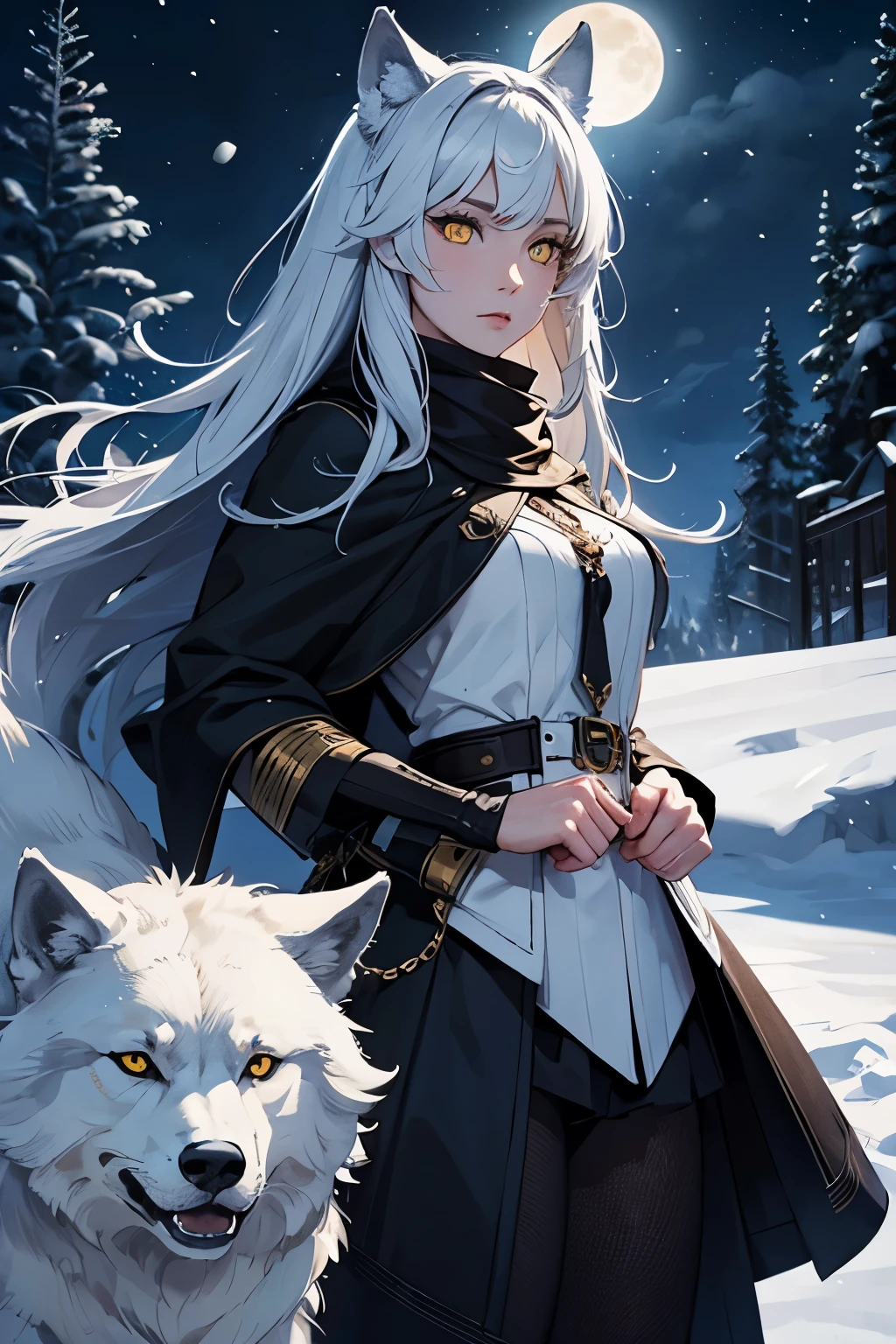 A woman who can follow wolves yellow eyes full moon night and snow