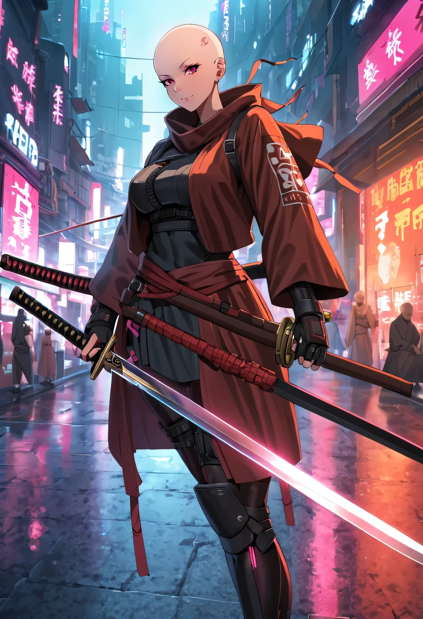 Samurai sword,sh4g0d风格赛博朋克女战士,(bald,monk:1.2),bushido,robe