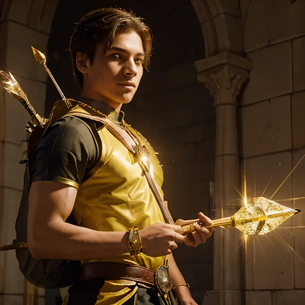 ((A student with a spear on his back)), ((the spear has a yellow crystal that shines bright)), ((A Magic Academy Infront of the student))