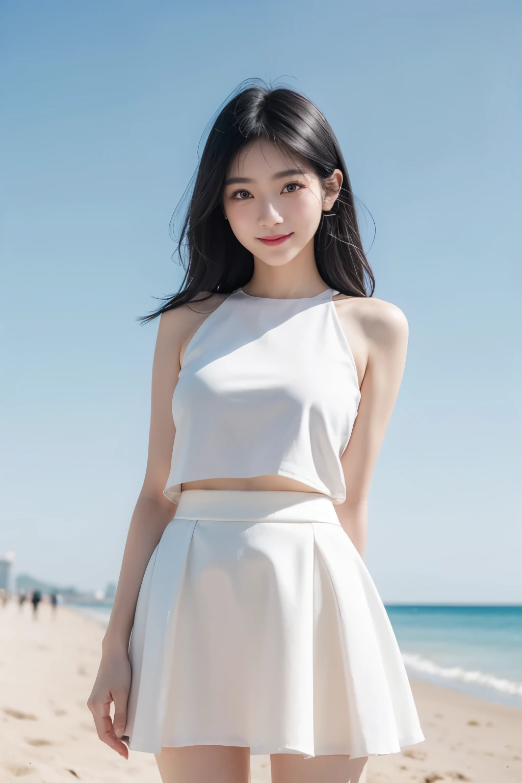 black hair, wince, longeyelashes, solid circle eyes, light smile, ear blush, whole body, white skirt, Surrealism, drop shadow, anaglyph, stereogram, tachi-e, pov, atmospheric perspective, 8k, super detail, ccurate, best quality