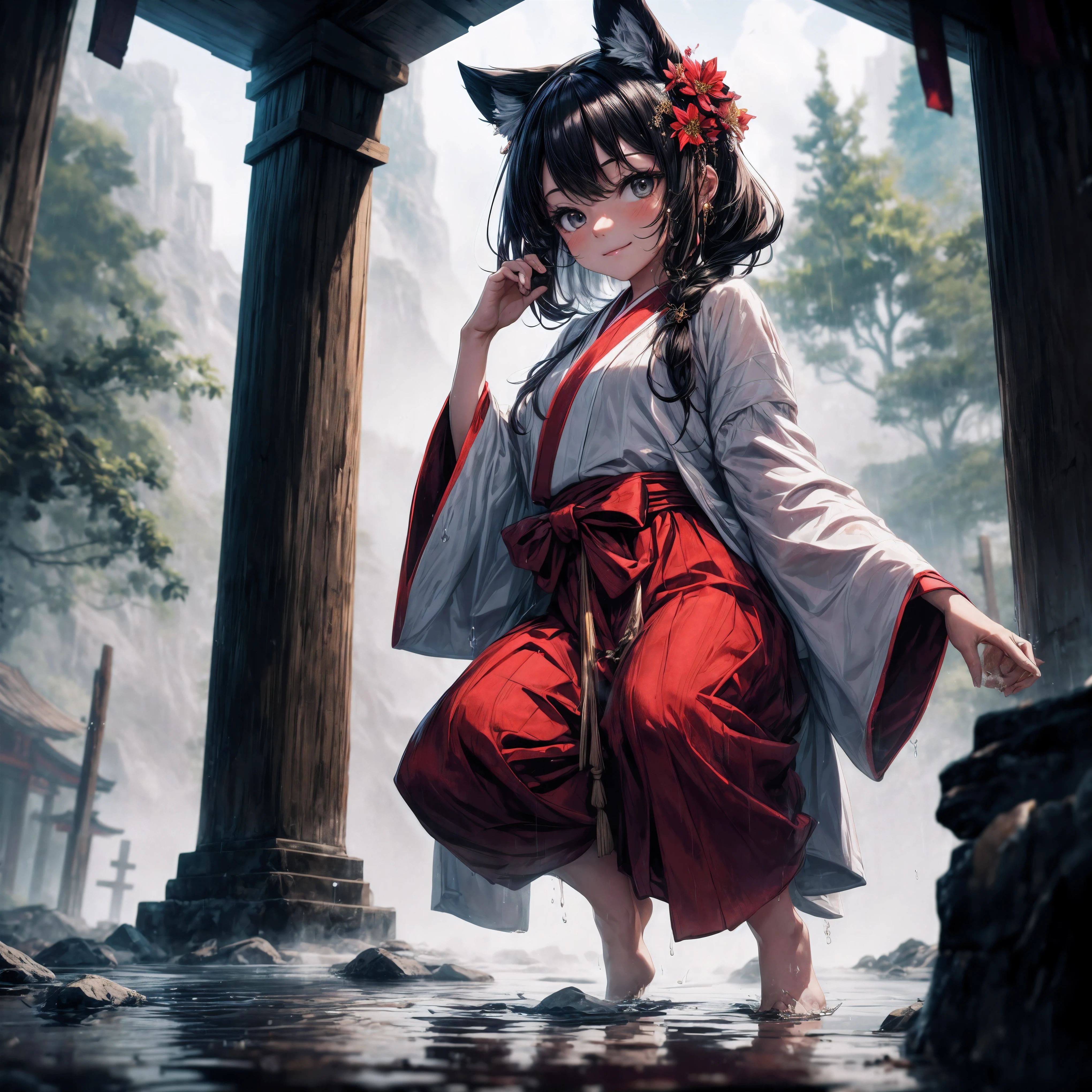 (wide angle), bitter smile, original photo, Atmospheric distance perception, Aesthetic, complicated, won, chiaroscuro, most的质量, Detailed background, shining, (hazy atmosphere:1.2), (cloudy day), rich and colorful,
(A 7 girl:1.2), (Very young li(alone), (small breasts:1.2), barefoot, Black hair is casual and provocative, thick hair,
wear (Miko costume) Shrine witch's, (Purity and tradition) Miko costume, Textured Miko costume, white kimono (soak) and stick tightly to the body, wet translucent fabric, Also available in gorgeous red, most、The finest wrinkles and creases, golden crown hairpin,
ancient god (dance), elegant steps, shine in lightning,
On the cliff near the shrine, (charming, surreal), Damp stones, (暴风rain的), Divine essence, Sophisticated rock scene, Beautiful cliff scene, Exquisite shrine, rain, raindrop, rainstorm, Strong wind