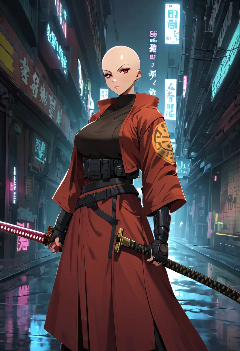 Samurai sword,sh4g0d风格赛博朋克女战士,(bald,monk:1.2),bushido,robe