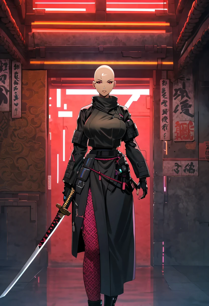 Samurai sword,sh4g0d风格赛博朋克女战士,(bald,monk:1.2),bushido,robe