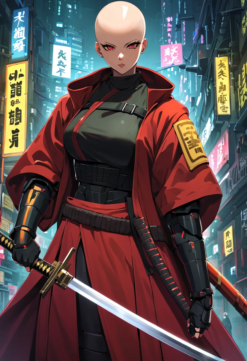Samurai sword,sh4g0d风格赛博朋克女战士,(bald,monk:1.2),bushido,robe