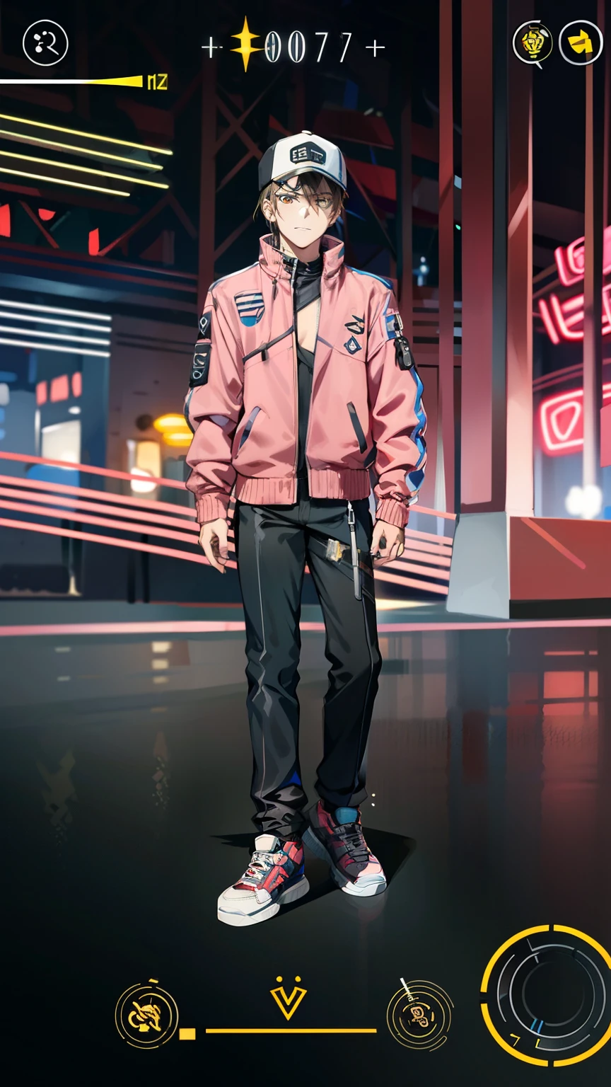 there is a man in a pink jacket and hat standing on a skateboard, mechanic punk outfit, multilayered outfit, lunar themed attire, outrun style and colours, fashion gameplay screenshot, wearing cyberpunk 2 0 7 7 jacket, single character full body, style of kieran yanner, full body picture, pilot outfit, outrun style, main character
