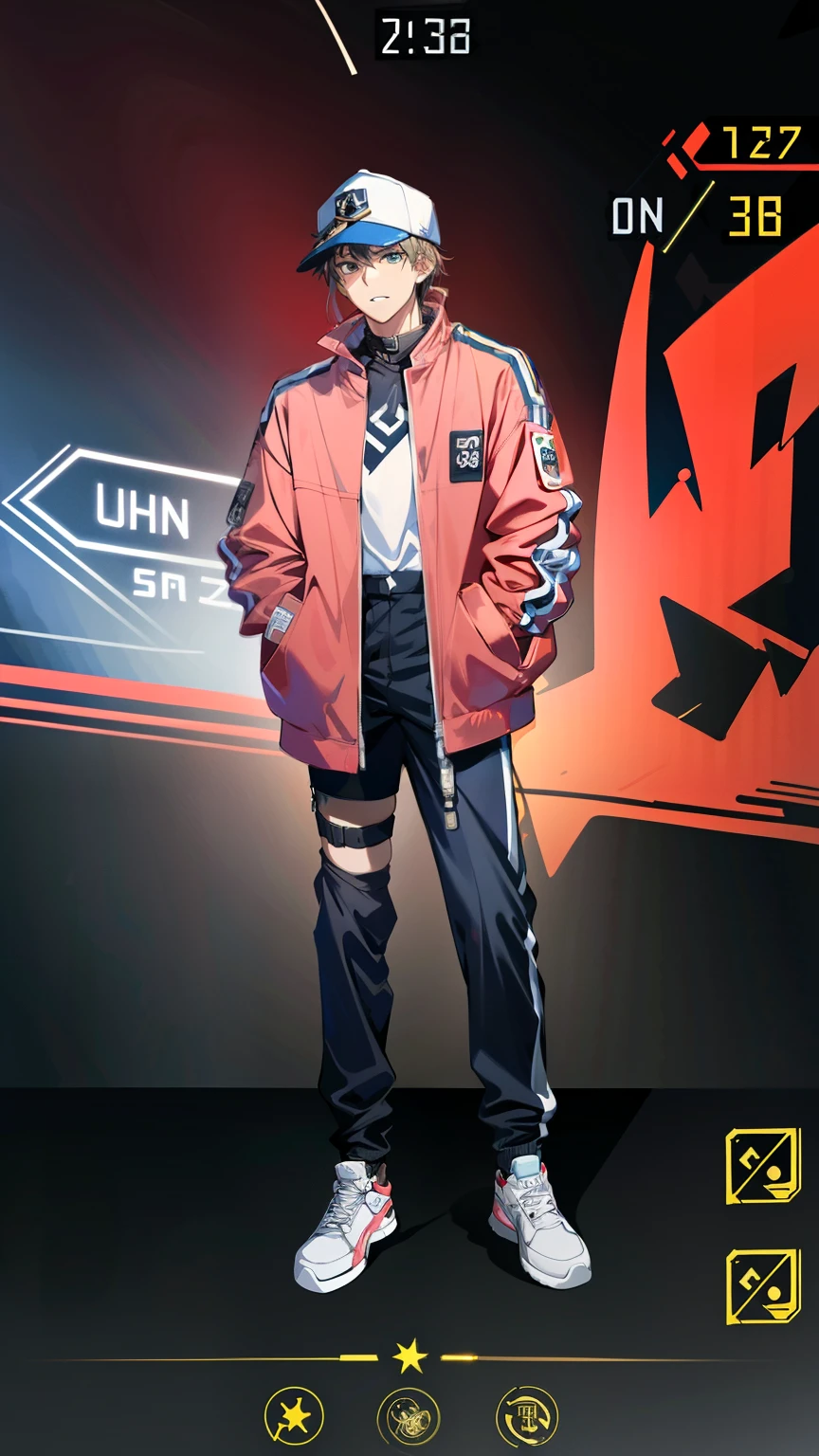 there is a man in a pink jacket and hat standing on a skateboard, mechanic punk outfit, multilayered outfit, lunar themed attire, outrun style and colours, fashion gameplay screenshot, wearing cyberpunk 2 0 7 7 jacket, single character full body, style of kieran yanner, full body picture, pilot outfit, outrun style, main character