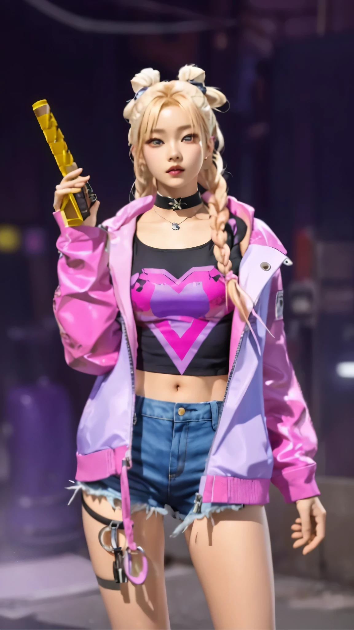 there is a woman with a pink jacket and a purple jacket, kda, mechanic punk outfit, inspired by Sim Sa-jeong, betty cooper, portrait of jossi of blackpink, lunar themed attire, seraphine ahri kda, inspired by Jang Seung-eop, pink iconic character, urban girl fanart, cyberpunk style outfit, cyberpunk outfit, blonde, two braids, blue eyes