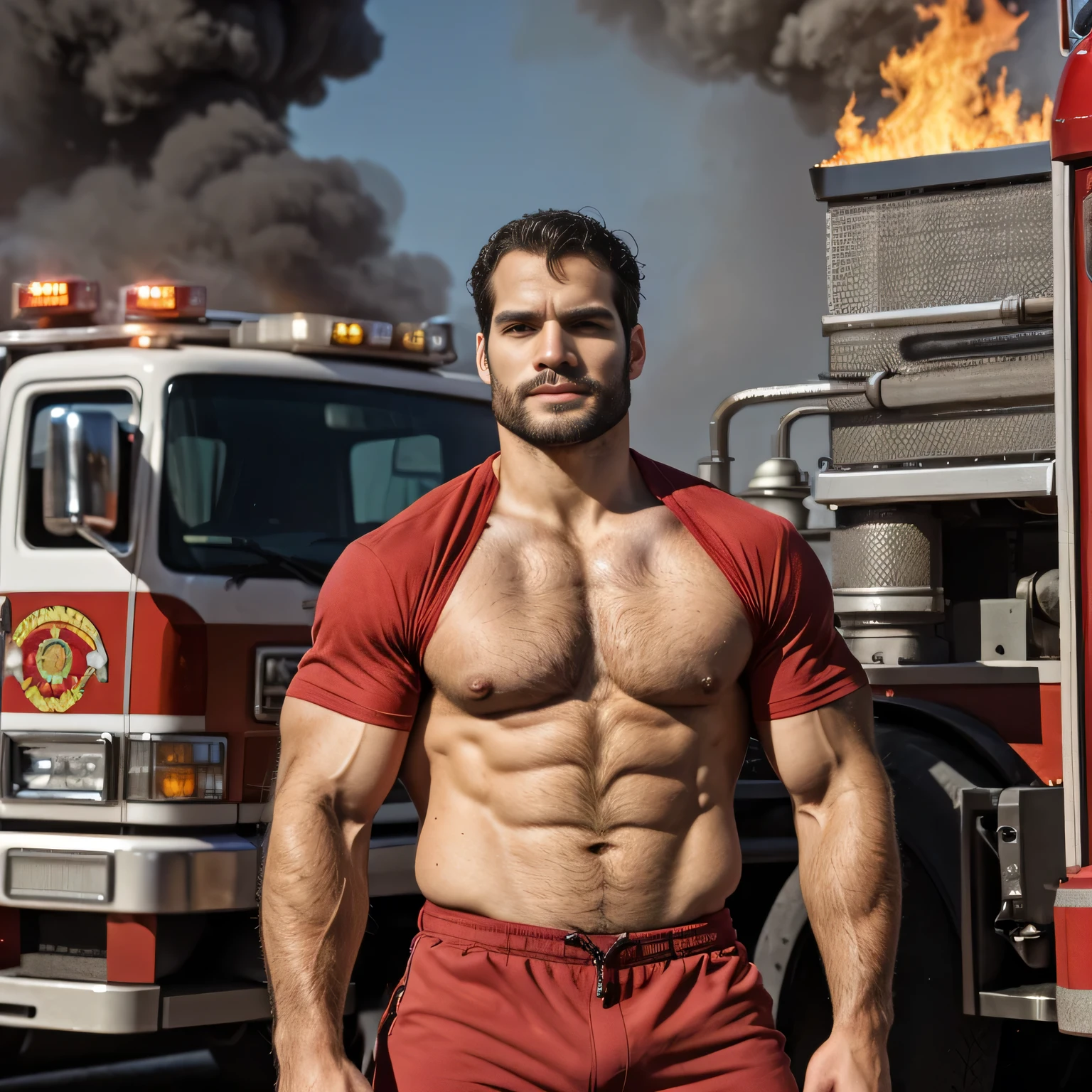 Qualidade de imagem ultra-alta, realistic and strong male characteristics, um homem inspirado em Henry Cavill como Wolverine, Homem musculoso, detailed vein muscles,

torn man in front of a fire truck with a fire in the background, bombeiro, masculino e forte, strong masculine traits, masculino sexy, bombeiro, muscular male hero, fire behind him, masculino e robusto, middle photo of a handsome guy, peito peludo and hairy body, o super gostoso e sexy, peito peludo, o local extremamente quente e sexy: Standing in front of a fire truck with a fire in the background,
foto colorida, (frank human pele), pele