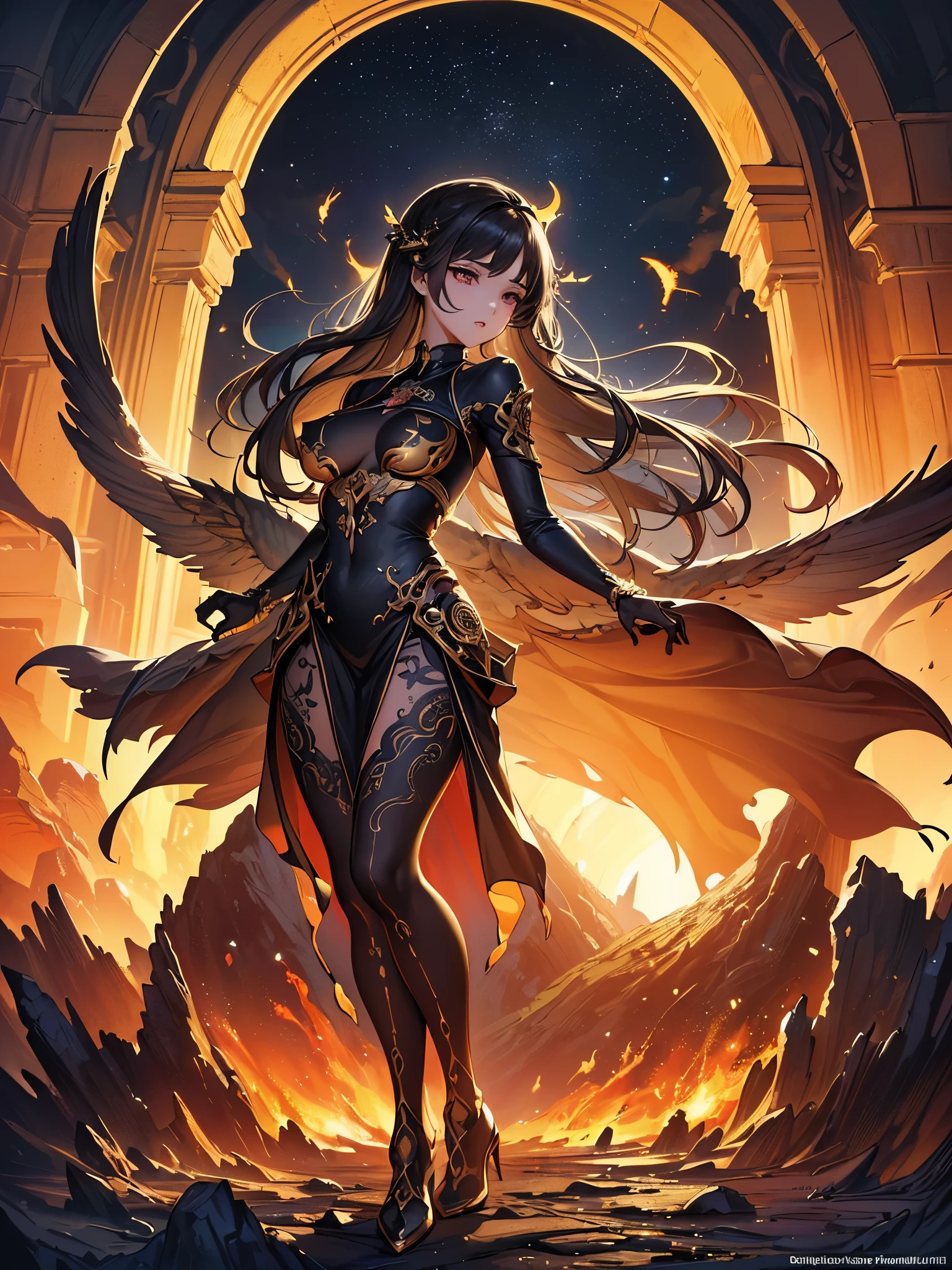 ((highest quality)),(ultra high resolution),(Super detailed),(detailed description),((best CG)),(best work of art),super precision art,amazing drawing art,(Fantasy art with precise details:1.5), (1 woman:1.6)The black sun is rising in this world、flame burns the clouds。The earth is cracked and a strangely shaped tree々is overgrown。