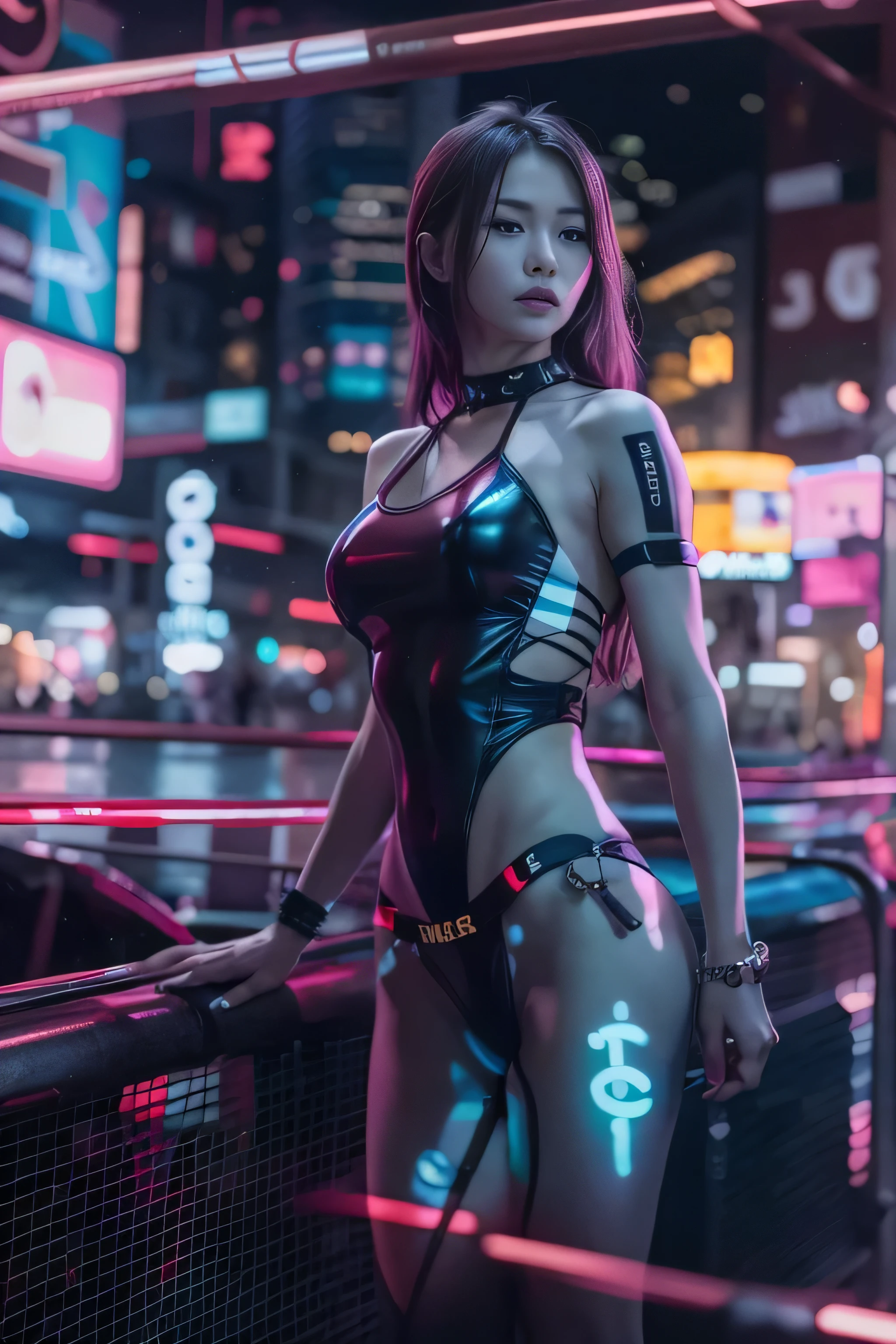 RAW image quality, 1 girl, Japanese, , table top, Dystopian city with neon signs and holograms projected on buildings and sky, slim beautiful woman, Surrounded by neon-lit reflections of the cityscape, written boundary depth, Beautiful woman with slim figure, (nipple protrusion), hologram tight sheer clothes, fit girl, Strong lighting hits the bodysuit, hourglass figures, high contrast clothing, hologram clothes, (walk towards the camera), (Look into the viewer&#39;s eyes), lipstick, yellow virtual reality glasses, long red straight hair, night, cyberpunk aesthetics, highly detailed lighting, dramatic, In 8K, high detail, skin texture, リアルなskin texture, armor, highest quality, High resolution, Photoreal