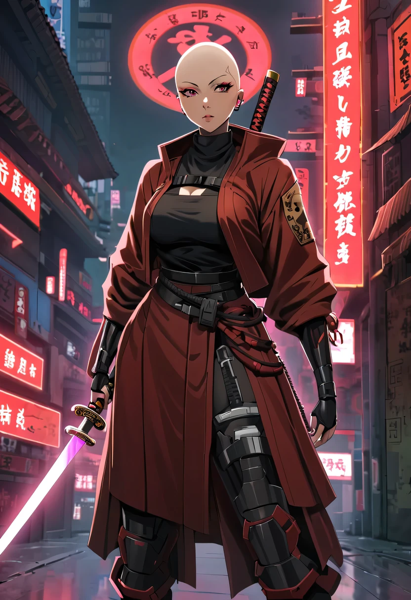 Samurai sword,sh4g0d风格赛博朋克女战士,(bald,monk:1.2),bushido,robe