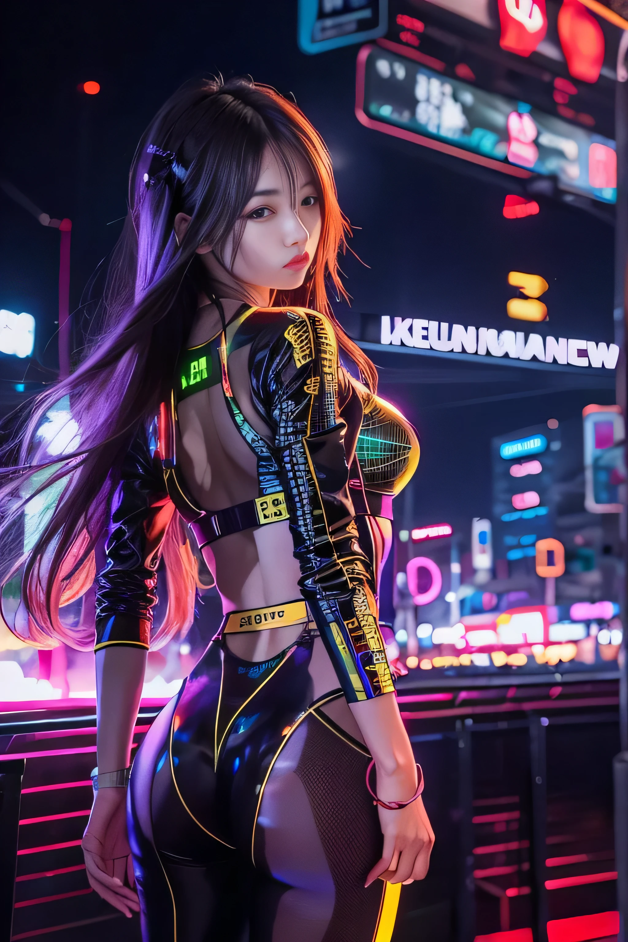 RAW image quality, 1 girl, Japanese, , table top, Dystopian city with neon signs and holograms projected on buildings and sky, slim beautiful woman, Surrounded by neon-lit reflections of the cityscape, written boundary depth, Beautiful woman with slim figure, (nipple protrusion), hologram tight sheer clothes, fit girl, Strong lighting hits the bodysuit, hourglass figures, high contrast clothing, hologram clothes, (walk towards the camera), (Look into the viewer's eyes), lipstick, yellow virtual reality glasses, long red straight hair, night, cyberpunk aesthetics, highly detailed lighting, dramatic, In 8K, high detail, skin texture, リアルなskin texture, armor, highest quality, High resolution, Photoreal