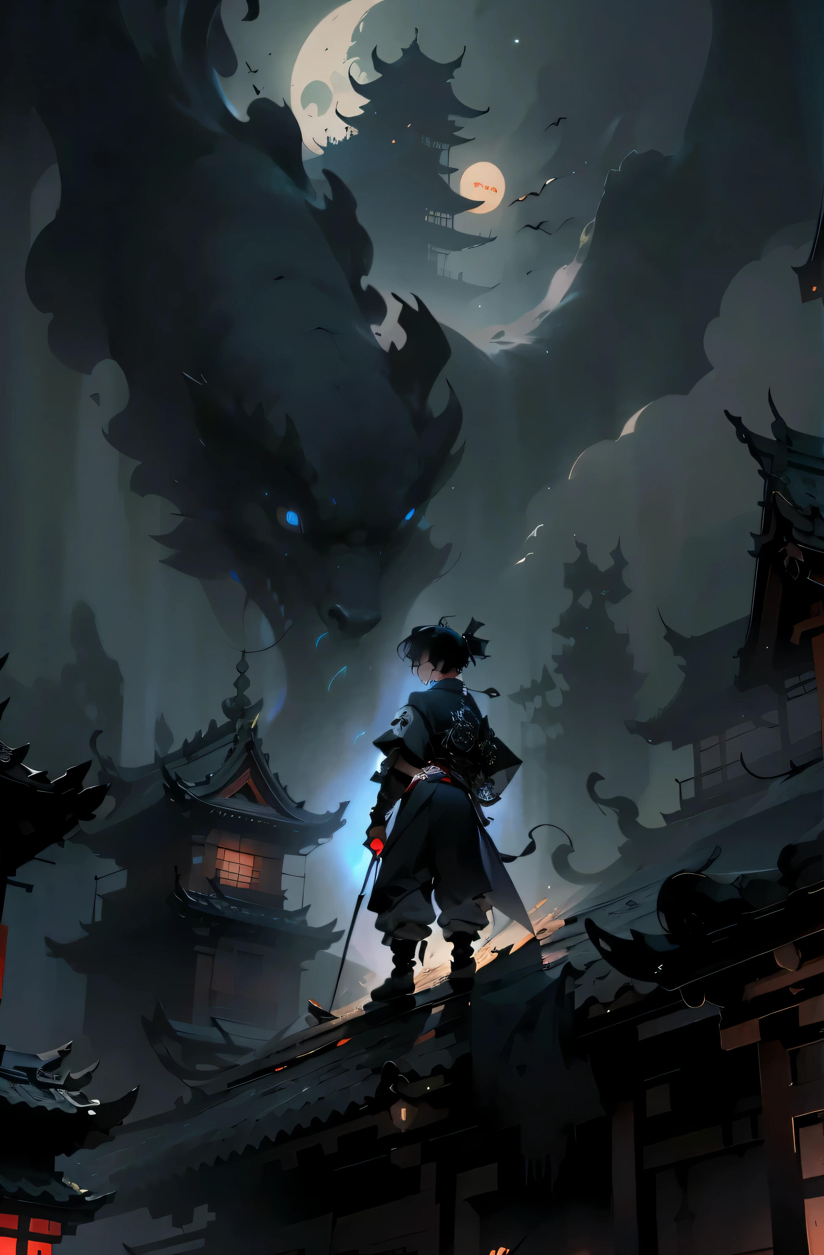Hundreds of ghosts under the dark night,A boy in white wearing an onmyoji costume,Stand on the roof of the shrine,facing forward, Looking down at the monster。