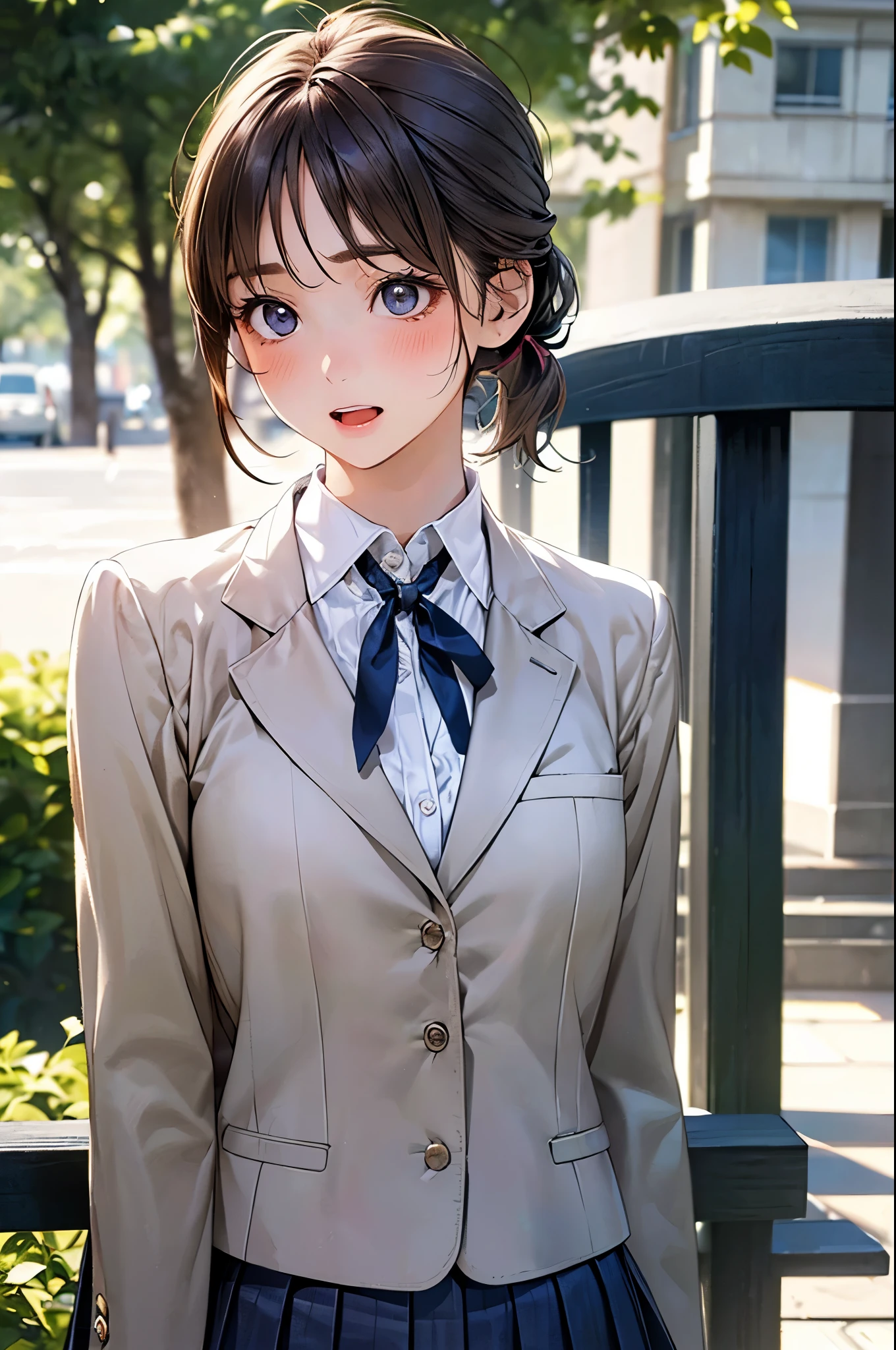 (masterpiece:1.2, top-quality), (realistic, photorealistic:1.4), beautiful illustration, (natural side lighting, movie lighting), 
looking away, (face focus, upper body, from below), 1 girl, japanese, high school girl, , perfect face, perfect body, cute and symmetrical face, shiny skin, babyface, tiny, 
(short hair:1.5, (low ponytail):1.6, long sideburns, light brown hair), asymmetrical bangs, dark blue eyes, big eyes, drooping eyes, (middle breasts, seductive thighs, big ass), 
beautiful hair, beautiful face, beautiful detailed eyes, beautiful clavicle, beautiful body, beautiful chest, beautiful thigh, beautiful legs, beautiful fingers, 
((cute private school uniform, (white school blazer, closed blazer), gray collar white collared shirt, navy blue box pleated skirt, violet neck ribbon), emerald green hair ribbon), 
(beautiful scenery), evening, (park), sitting oark bench, hands on mouth, (blush, open mouth small), 