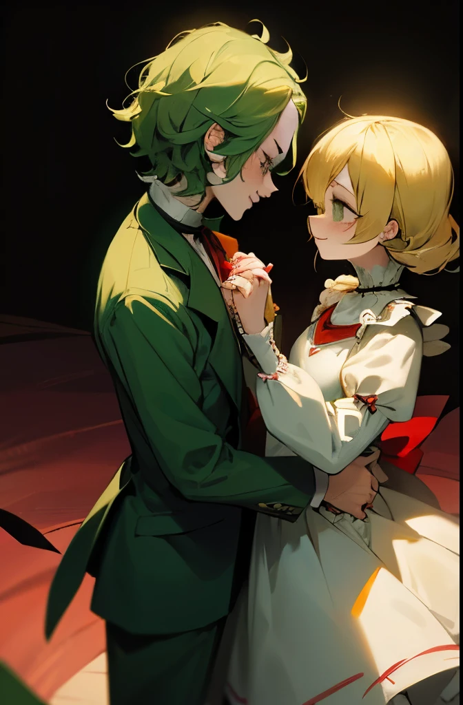 Character of the movie Annabelle doll, Annabelle and Joker holding hands, love between Joker and Annabelle, Joker in green suit, Annabelle in white dress, Annabelle cute, Annabelle's yellow golden hair, Joker's green hair, red ribbon in Annabelle's hair, happy Joker style 