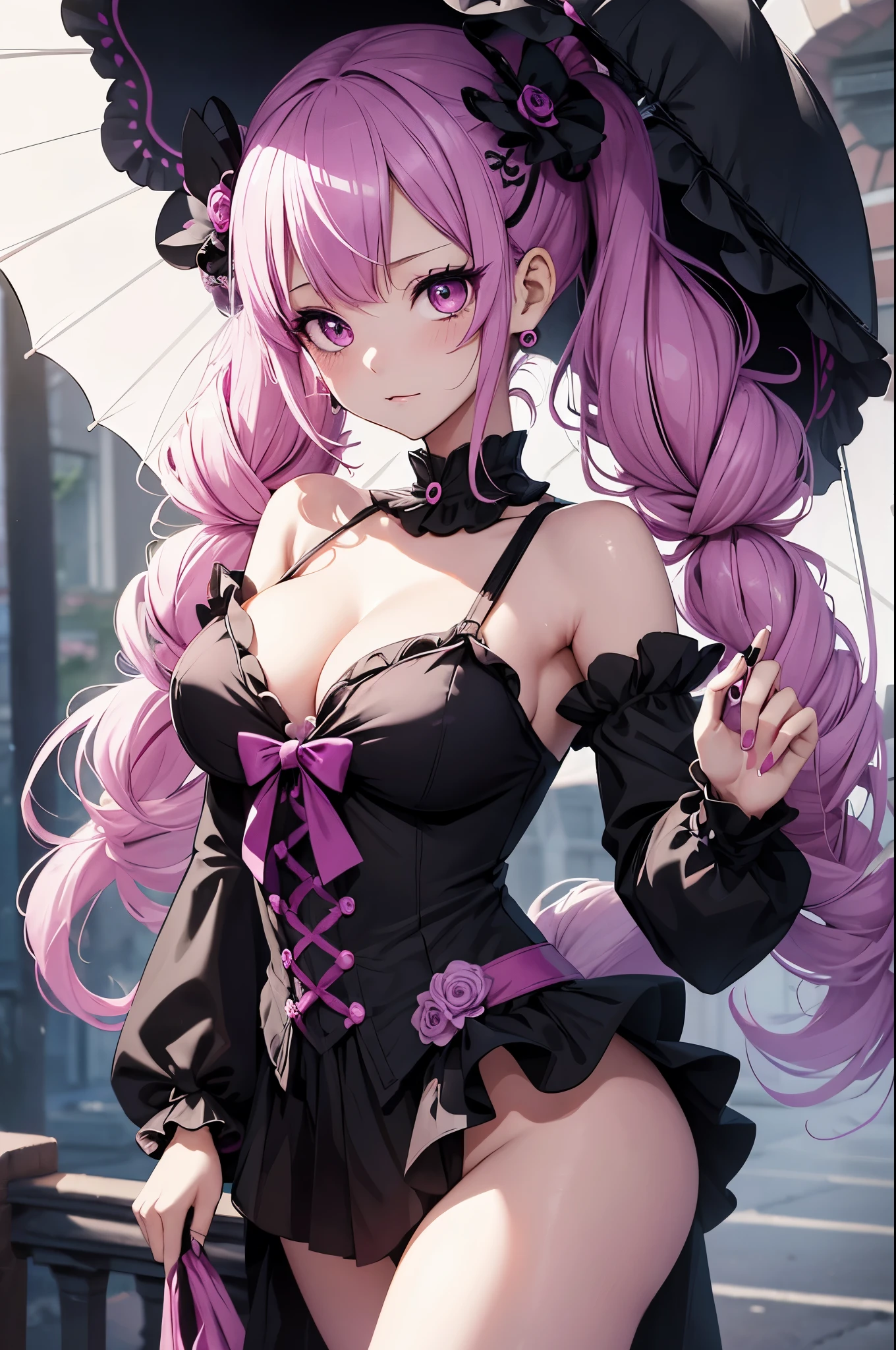 one piece ghost princess perona, ghost and sakura aura, holding a cute umbrella, black pink gothic outfit, hair tied into two curly pigtails with black and white flower hairpins, perfect body shape, wearing black top hat with ribbon, masterpieces, light make up, ghost effect, best lighting, ultra sharp