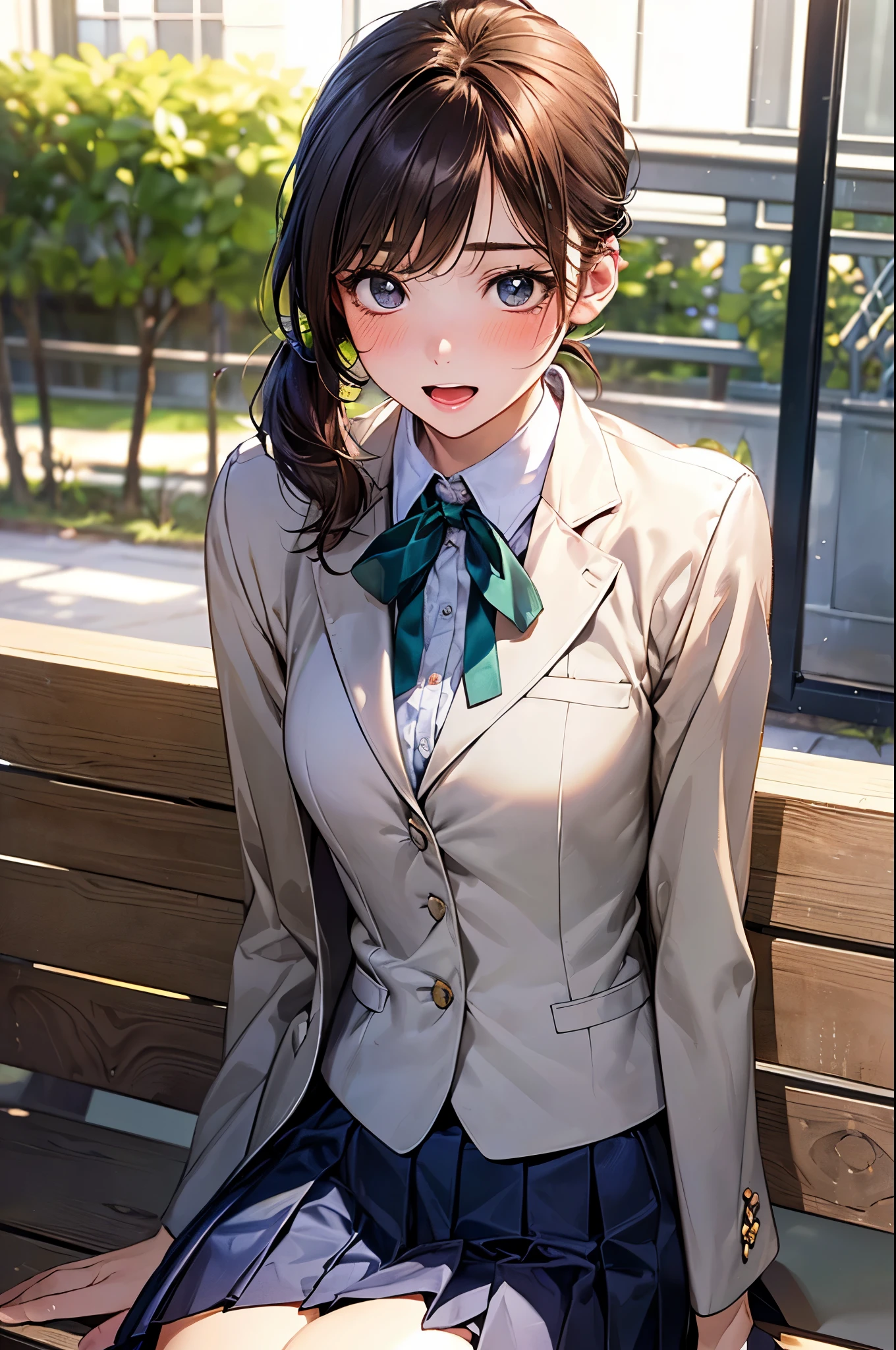 (masterpiece:1.2, top-quality), (realistic, photorealistic:1.4), beautiful illustration, (natural side lighting, movie lighting),
looking away, (face focus, upper body, from below), 1 girl, japanese, high school girl, , perfect face, perfect body, cute and symmetrical face, shiny skin, babyface, tiny,
(short hair:1.5, (low ponytail):1.6, long sideburns, light brown hair), asymmetrical bangs, dark blue eyes, big eyes, drooping eyes, (middle breasts, seductive thighs, big ass),
beautiful hair, beautiful face, beautiful detailed eyes, beautiful clavicle, beautiful body, beautiful chest, beautiful thigh, beautiful legs, beautiful fingers,
((cute private school uniform, (white school blazer, closed blazer), gray collar white collared shirt, navy blue box pleated skirt, violet neck ribbon), emerald green hair ribbon),
(beautiful scenery), evening, (park), sitting park bench, hands on mouth, (blush, open mouth small),
