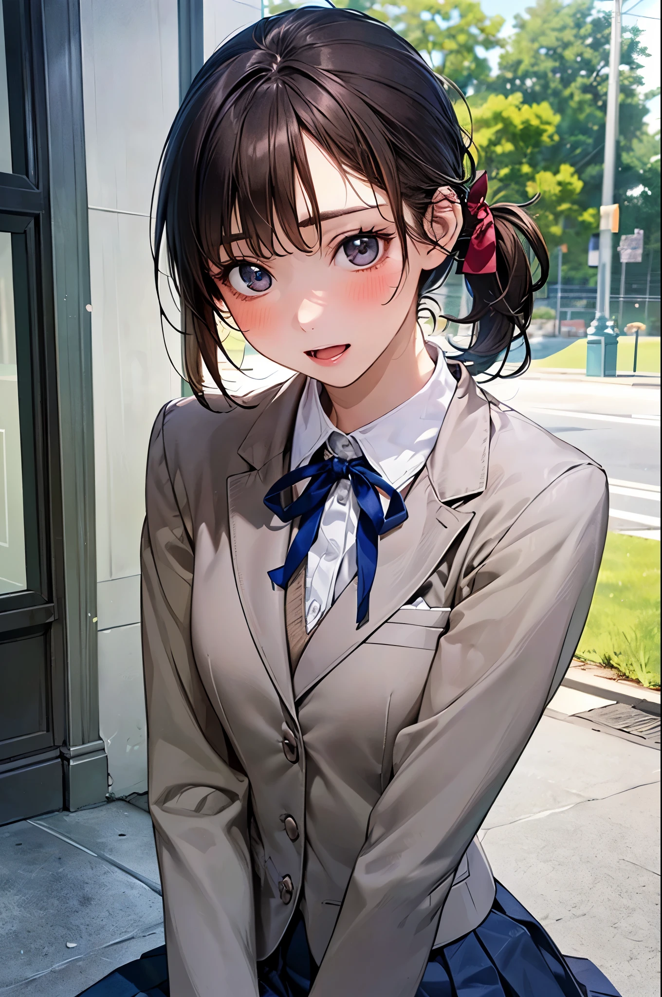 (masterpiece:1.2, top-quality), (realistic, photorealistic:1.4), beautiful illustration, (natural side lighting, movie lighting),
looking away, (face focus, upper body, from below), 1 girl, japanese, high school girl, , perfect face, perfect body, cute and symmetrical face, shiny skin, babyface, tiny,
(short hair:1.5, (low ponytail):1.6, long sideburns, light brown hair), asymmetrical bangs, dark blue eyes, big eyes, drooping eyes, (middle breasts, seductive thighs, big ass),
beautiful hair, beautiful face, beautiful detailed eyes, beautiful clavicle, beautiful body, beautiful chest, beautiful thigh, beautiful legs, beautiful fingers,
((cute private school uniform, (white school blazer, closed blazer), gray collar white collared shirt, navy blue box pleated skirt, violet neck ribbon), emerald green hair ribbon),
(beautiful scenery), evening, (park), sitting park bench, hands on mouth, (blush, open mouth small),