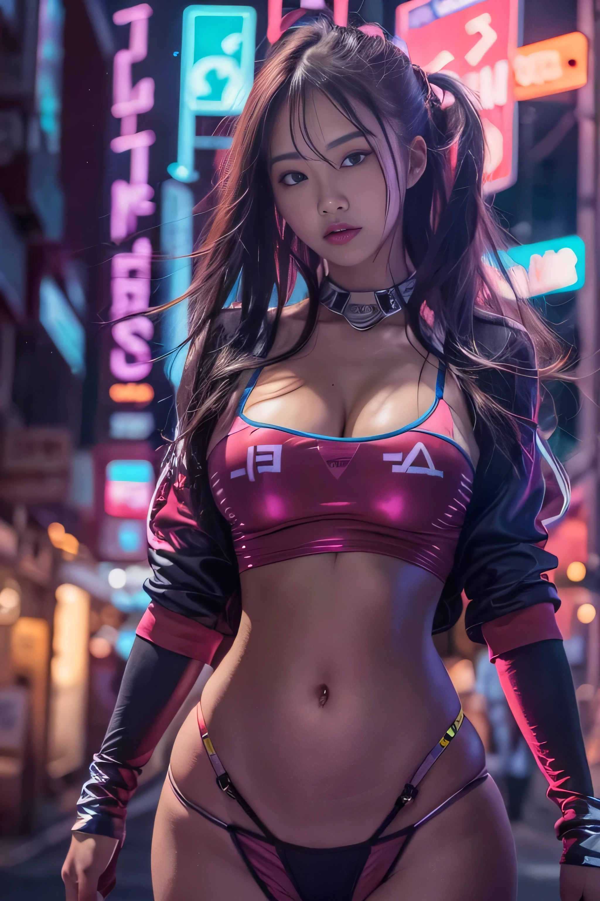 RAW image quality, 1 girl, Japanese, , table top, Dystopian city with neon signs and holograms projected on buildings and sky, slim beautiful woman, Surrounded by neon-lit reflections of the cityscape, written boundary depth, Beautiful woman with slim figure, (poke the nipple:1.4), hologram tight sheer clothes, fit girl, Strong lighting hits the bodysuit, hourglass figures, high contrast clothing, hologram clothes, (walk towards the camera), (Look into the viewer's eyes), lipstick, yellow virtual reality glasses, long red straight hair, night, cyberpunk aesthetics, highly detailed lighting, dramatic, In 8K, high detail, skin texture, リアルなskin texture, armor, highest quality, High resolution, Photoreal