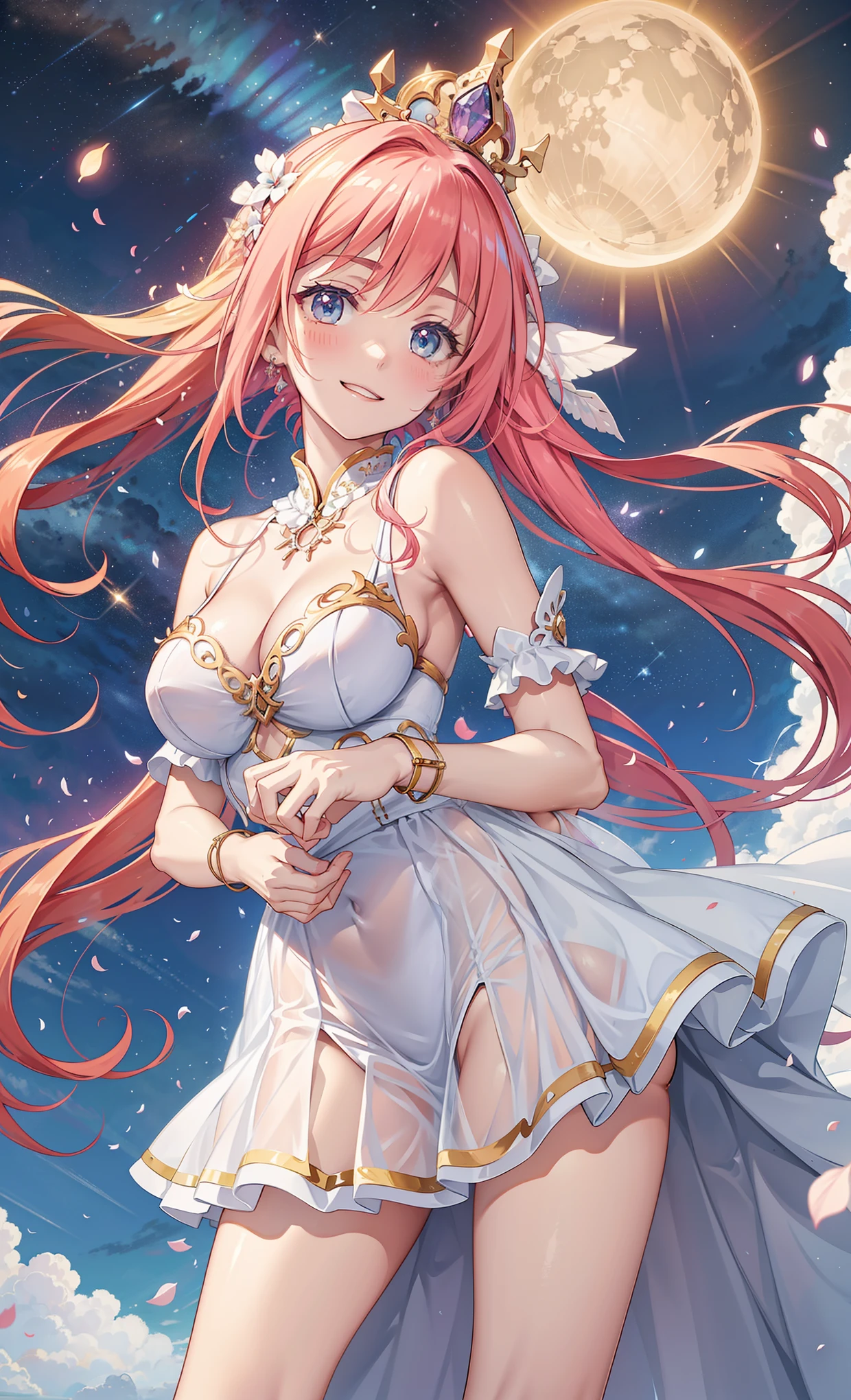 25-year-old female,obsessed,divine happiness,in love,Smile,(Heavenly Maxi and Ballgown Combinations),pink hair,blue eyes,(Fabric headwear),Minimalism,multi-layered ruffles,lace,exquisite embroidery,Exquisite patterns,Fabric headwear,dress nicely,sheer transparent clothes,bedroom,闪闪发Light的,(Looks like it's covered by a transparent skirt:1.1),Light,night,the only person,fluttering skirt,Exquisite and beautiful face,dynamic angle