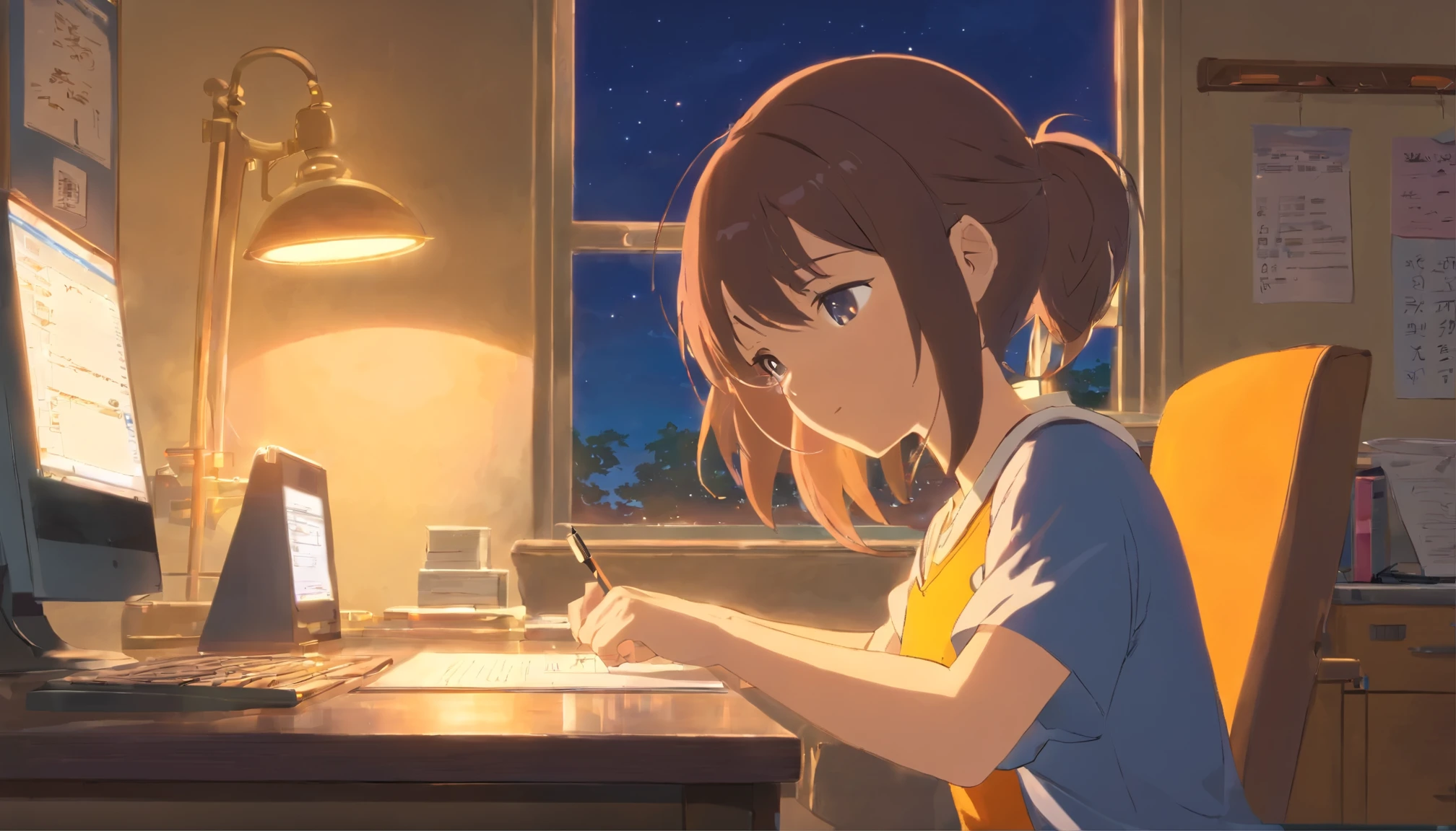 night、A girl studying at a desk by the window, the girl is very cute, girl is using headphones, There is a light on the desk, 窓の外には夕日とnight空が見える, A cat is sleeping at the girl&#39;s feet