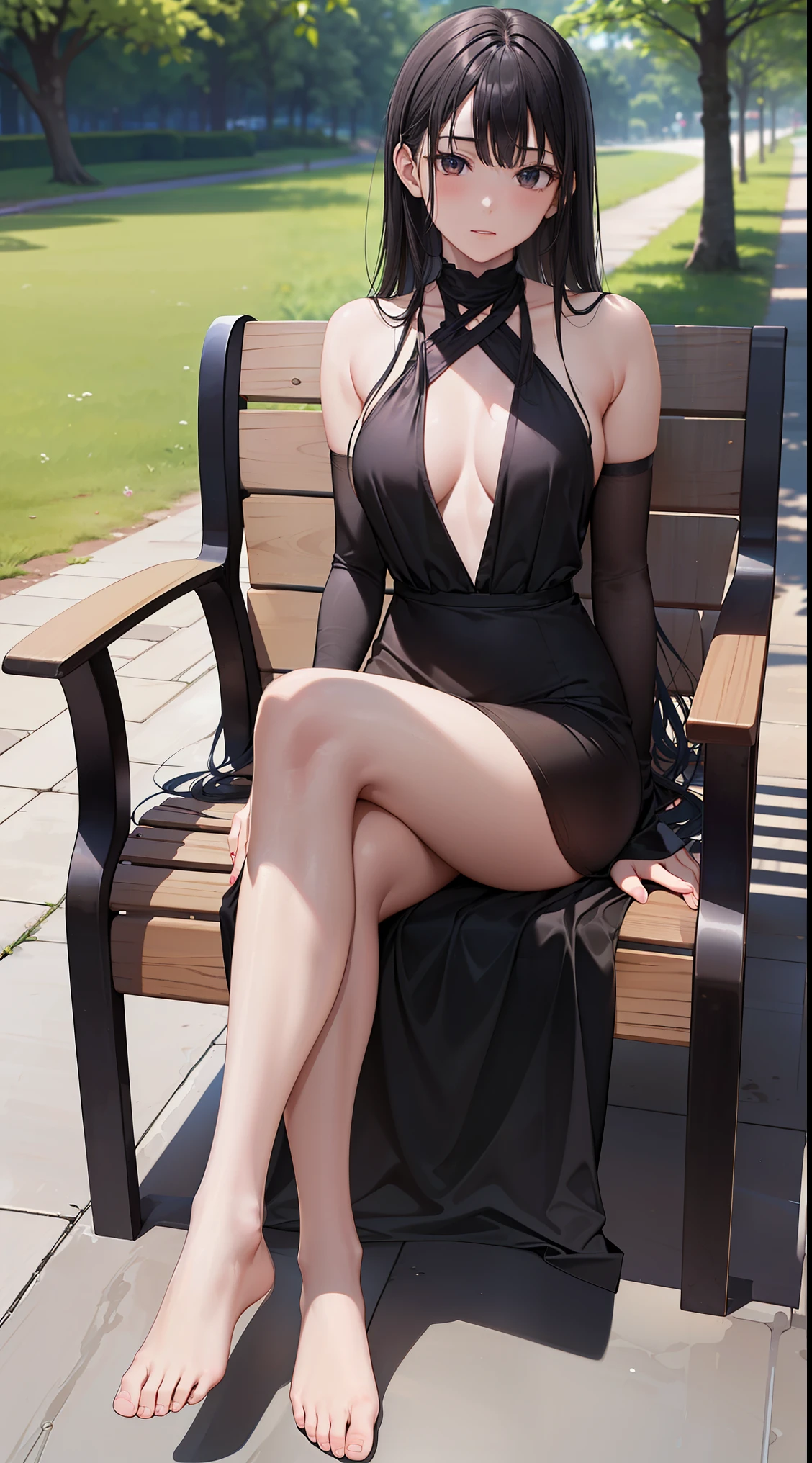 (8K, original photography, best quality,)a girl,16 years old,slim body,(slender legs),long black hair,Qi bangs,hip wrap dress,((bare legs,no socks)),sitting on a park chair,(cross legs)