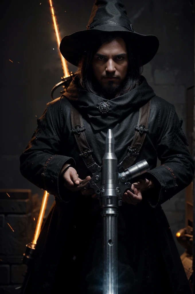 (very detailed 8k wallpaper), medium shot of a necromancer, particle lighting, high detail, dramatic, gatling gun in hand, clean background, with wizard hat on, background top weapon removed