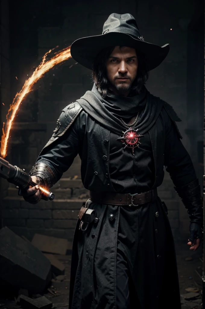 (very detailed 8k wallpaper), medium shot of a necromancer, particle lighting, high detail, dramatic, gatling gun in hand, clean background, with wizard hat on, background top weapon removed