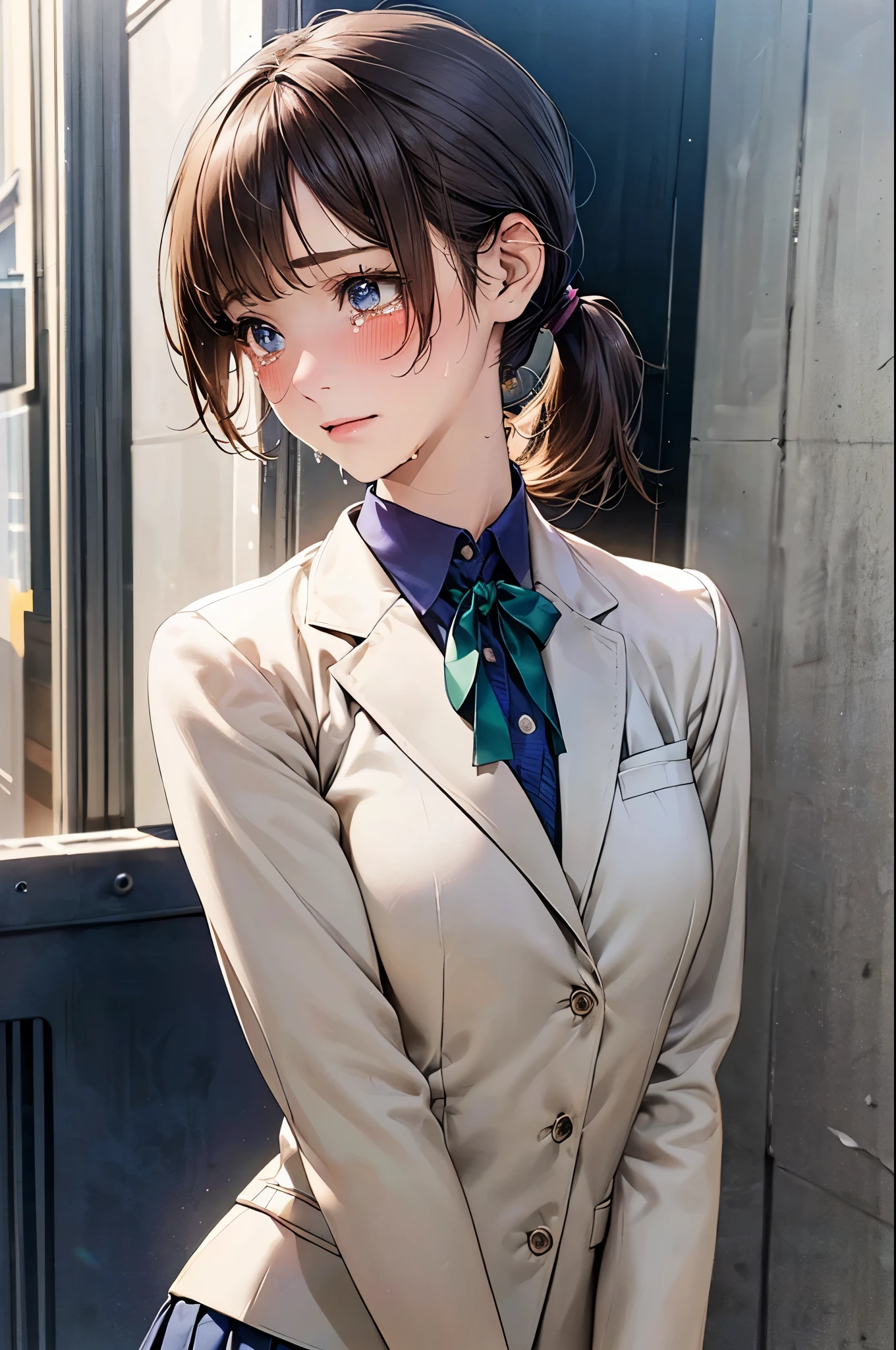 (masterpiece:1.2, top-quality), (realistic, photorealistic:1.4), beautiful illustration, (natural side lighting, movie lighting), 
looking away, (face focus, upper body, from below), 1 girl, japanese, high school girl, 14 years old, perfect face, perfect body, cute and symmetrical face, shiny skin, babyface, tiny, 
(short hair:1.5, (low ponytail):1.6, long sideburns, light brown hair), asymmetrical bangs, dark blue eyes, big eyes, drooping eyes, (middle breasts, seductive thighs, big ass), 
beautiful hair, beautiful face, beautiful detailed eyes, beautiful clavicle, beautiful body, beautiful chest, beautiful thigh, beautiful legs, beautiful fingers, 
((cute private school uniform, (white school blazer, closed blazer), gray collar white collared shirt, navy blue box pleated skirt, violet neck ribbon), emerald green hair ribbon), 
(beautiful scenery), evening, (street), standing, (full-face blush, crying), 