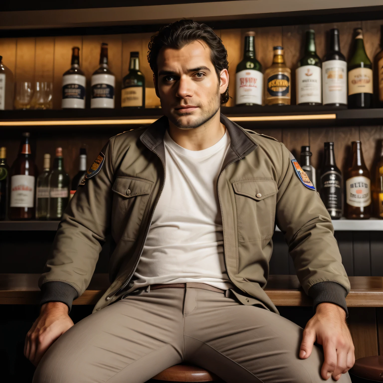 Qualidade de imagem ultra-alta, realistic and strong male characteristics, um homem inspirado em Henry Cavill como Wolverine, detailed venous muscles, um oficial masculino sentado em um banquinho segurando uma cerveja, a bomber jacket and pants, sentado no bar, em um bar, vestindo um traje de voo sujo e rasgado, vestindo um traje de voo sujo e rasgado, sitting em um bar, em um bar, foto comercial, no bar, em um bar, pose casual,