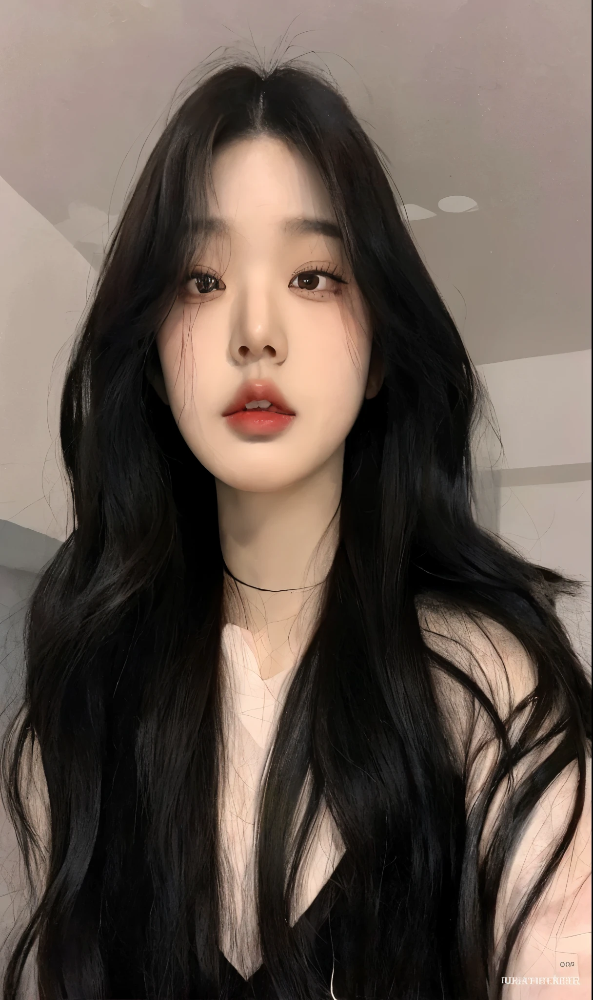 um close de uma mulher com longos cabelos pretos e um estrangulamento, Ulzzang,  coreana, ela tem cabelo preto com franja, cruel korean goth girl, linda mulher sul-coreana, adorable and pale korean face, Linda jovem coreana, Korean facial features, Linda jovem coreana, Jinyoung Shin, young lovely korean face, Wonyoung ive, ive, won