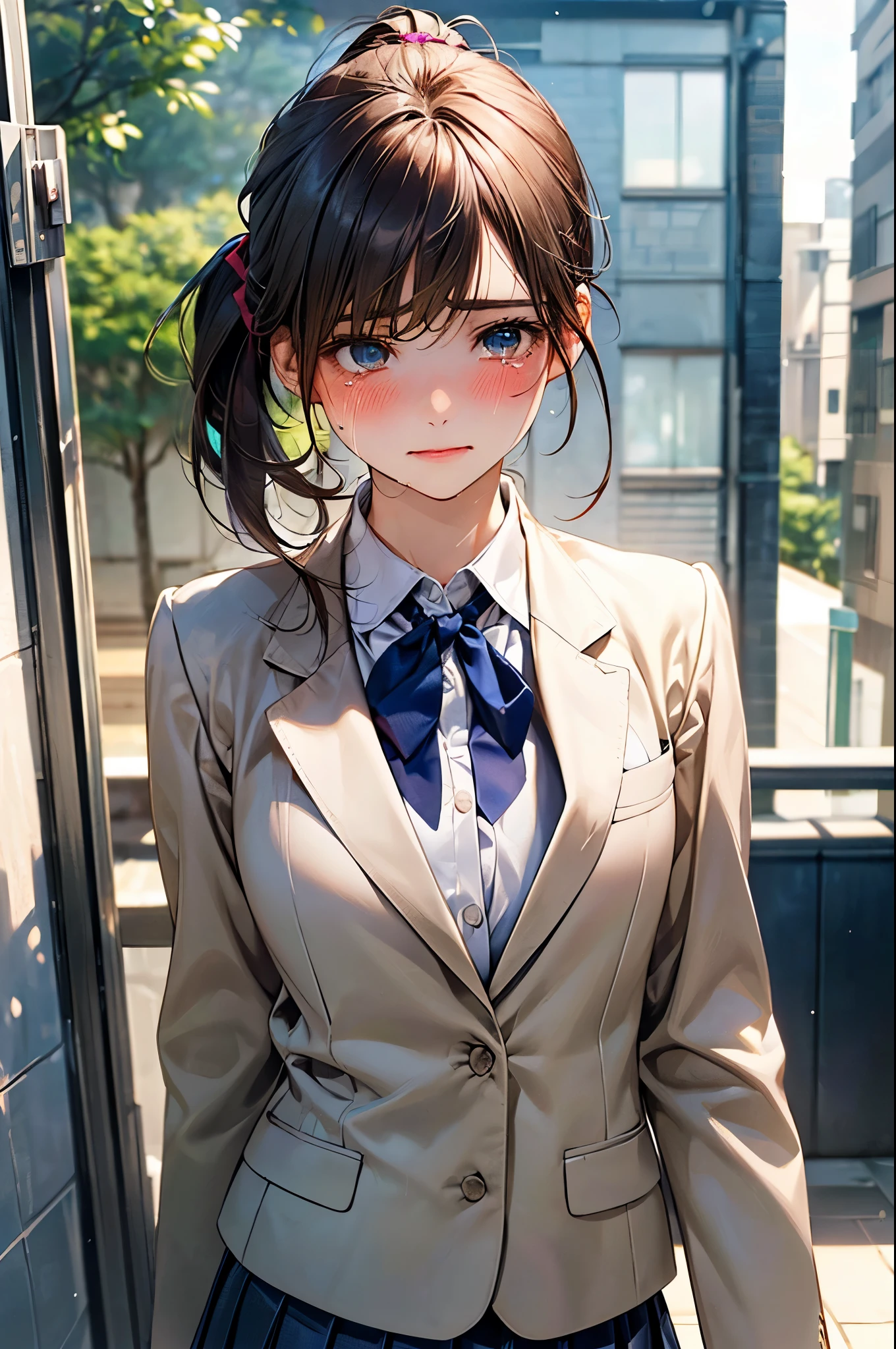 (masterpiece:1.2, top-quality), (realistic, photorealistic:1.4), beautiful illustration, (natural side lighting, movie lighting),
looking away, (face focus, upper body, from below), 1 girl, japanese, high school girl, 14 years old, perfect face, perfect body, cute and symmetrical face, shiny skin, babyface, tiny,
(short hair:1.5, (low ponytail):1.6, long sideburns, light brown hair), asymmetrical bangs, dark blue eyes, big eyes, drooping eyes, (middle breasts, seductive thighs, big ass),
beautiful hair, beautiful face, beautiful detailed eyes, beautiful clavicle, beautiful body, beautiful chest, beautiful thigh, beautiful legs, beautiful fingers,
((cute private school uniform, (white school blazer, closed blazer), gray collar white collared shirt, navy blue box pleated skirt, violet neck ribbon), emerald green hair ribbon),
(beautiful scenery), evening, (street), standing, (full-face blush, crying),
