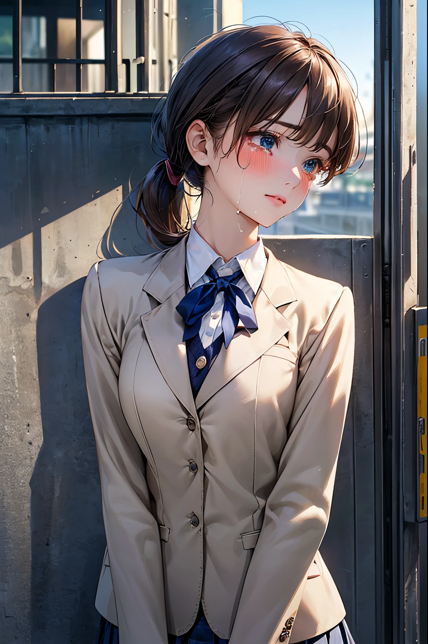 (masterpiece:1.2, top-quality), (realistic, photorealistic:1.4), beautiful illustration, (natural side lighting, movie lighting), 
looking away, (face focus, upper body, from below), 1 girl, japanese, high school girl, 14 years old, perfect face, perfect body, cute and symmetrical face, shiny skin, babyface, tiny, 
(short hair:1.5, (low ponytail):1.6, long sideburns, light brown hair), asymmetrical bangs, dark blue eyes, big eyes, drooping eyes, (middle breasts, seductive thighs, big ass), 
beautiful hair, beautiful face, beautiful detailed eyes, beautiful clavicle, beautiful body, beautiful chest, beautiful thigh, beautiful legs, beautiful fingers, 
((cute private school uniform, (white school blazer, closed blazer), gray collar white collared shirt, navy blue box pleated skirt, violet neck ribbon), emerald green hair ribbon), 
(beautiful scenery), evening, (street), standing, (full-face blush, crying), 