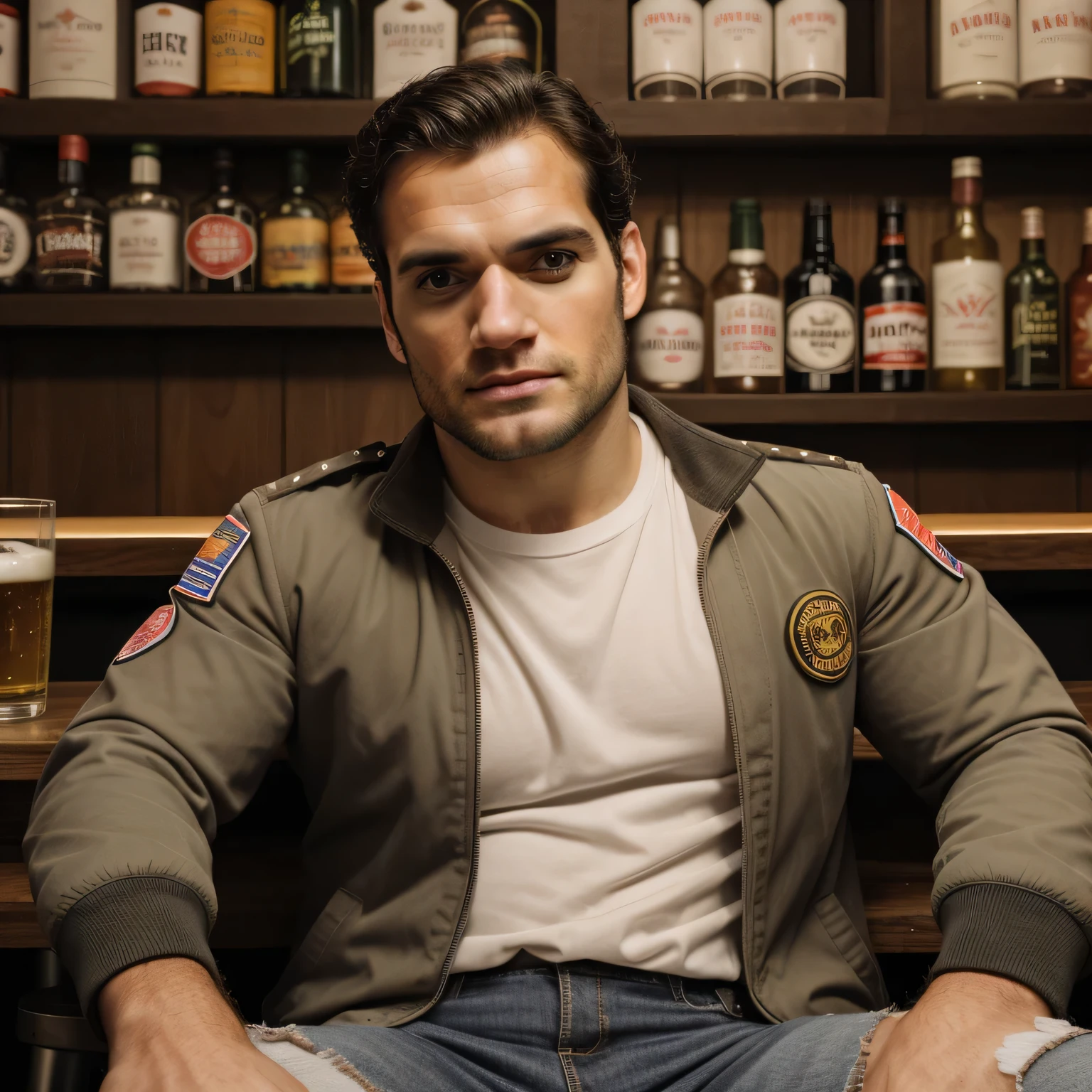 Qualidade de imagem ultra-alta, realistic and strong male characteristics, um homem inspirado em Henry Cavill como Wolverine, detailed venous muscles, um oficial masculino sentado em um banquinho segurando uma cerveja, a bomber jacket and pants, sentado no bar, em um bar, vestindo um traje de voo sujo e rasgado, vestindo um traje de voo sujo e rasgado, sitting em um bar, em um bar, foto comercial, no bar, em um bar, pose casual,