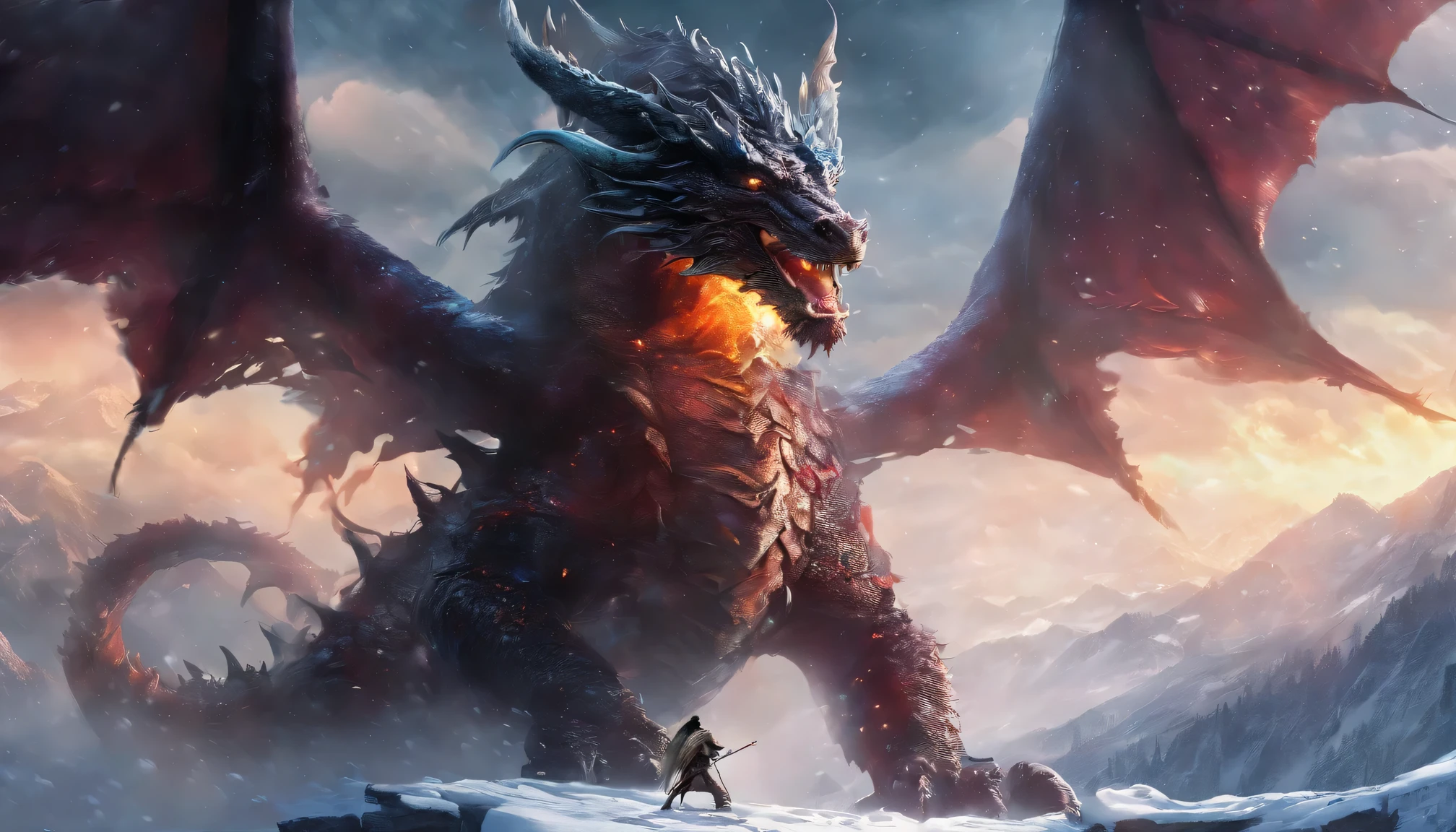 A snow-covered mountain, a dragon, a War
(best quality,4K,8 thousand,mackerel,masterpiece:1.2),very detailed,(realistic,photorealistic,photo-realistic:1.37),hdr,UHD,studio lighting,Ultra-fine painting,sharp focus,Physically Based Rendering,extreme detail description,professional,vivid colors,bokeh,Vision,horror tag:
snow-covered mountain, dragon, War, Fierce battles, flying dragon, 눈 덮인 Vision, soldiers fighting, fierce confrontation, risk, epic scene, Warriors, fear, powerful creature, Ice and snow, smoke and fire, fighting for survival, cold, majestic dragon, epic War scene, adrenaline rush, mystical dragon, ice breath, determined Warriors, heroic battle, magical atmosphere, dramatic lighting, frozen battlefield, a confusing fight, Sword Fighting, dragon감한 영웅, Conquer and Protect, breathtaking video, dark and intense, tremendous power, The Cry of Battle, world of myth