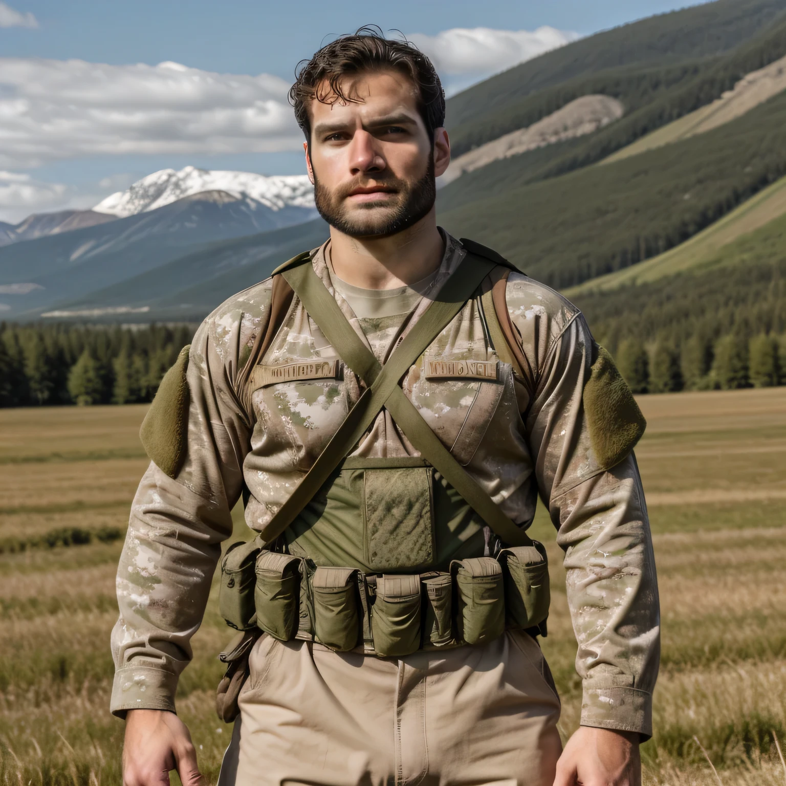 Qualidade de imagem ultra-alta, realistic and strong male characteristics, um homem inspirado em Henry Cavill como Wolverine, detailed venous muscles, chiseled man in camouflage clothing standing in a field with mountains in the background, soldado robusto, perfect militares composure, meio tiro um cara bonito, in full militares attire, militares composure, soldado masculino na floresta, militares photography, ranger masculino robusto, wearing militares attire, sem camisa :: Alto detalhe, fadigas de campo rasgadas, militares