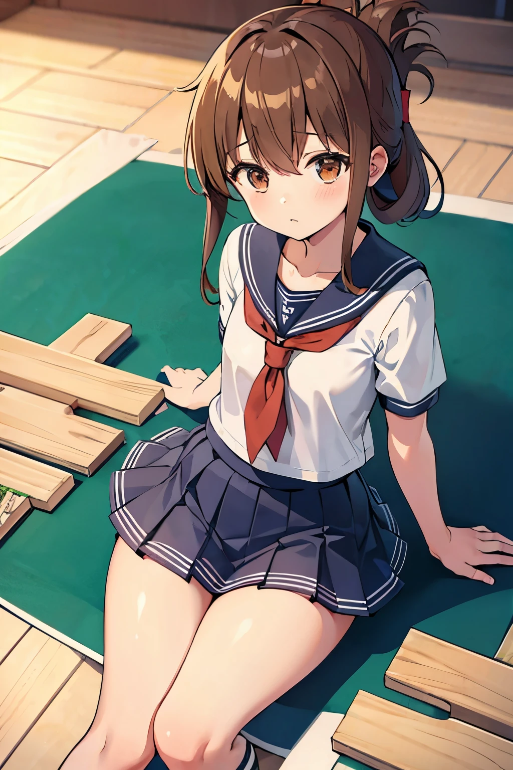 An unwell girl in a miniskirt sailor suit sitting on the gym floor、Angle from the front、barefoot、(masterpiece, best quality:1.2),illustration,8k,hd,1girl,solo,upper body,(portrait:1.2),brown_hair,folded_ponytail,brown_eyes,serafuku,long_hair,school_uniform,skirt,pleated_skirt,