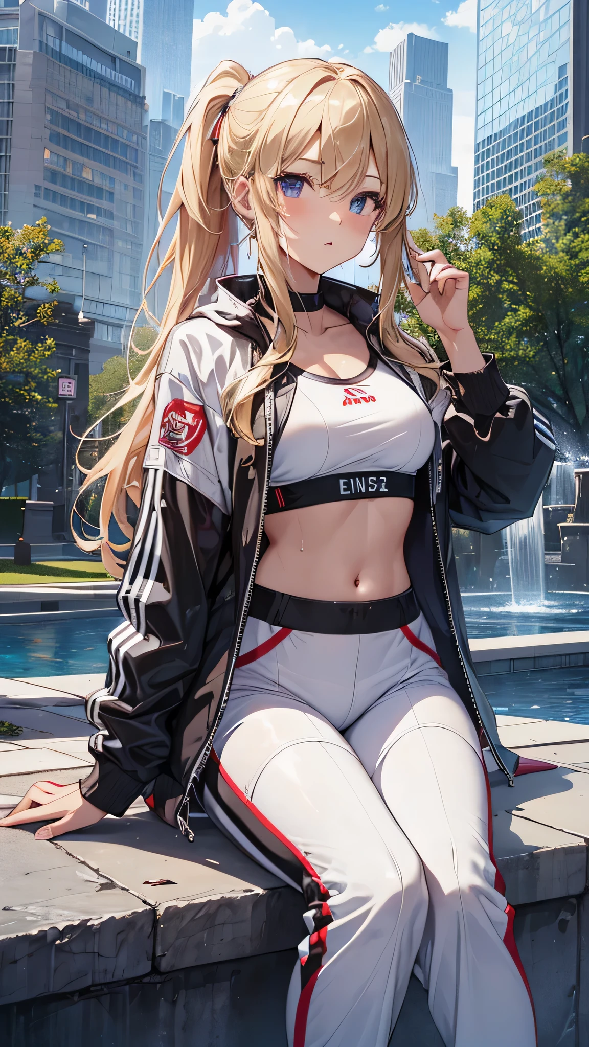最high quality、best image quality、masterpiece、teenage girl((20-year-old、 By becoming、vest bust、medium bust,wide open breast tea、shining eyes, blonde hair、long hair、thin,highest valley、ponytail、white sports pants、white sports bra、sweating、scattering of sweat、Flushed body、black jacket、sit、gameplay)),high quality、beautiful art、background((fountain park、fountain square、bright sky))debris flies、Depth of written boundary、movie、visual art、perfect art、8k,genuine、