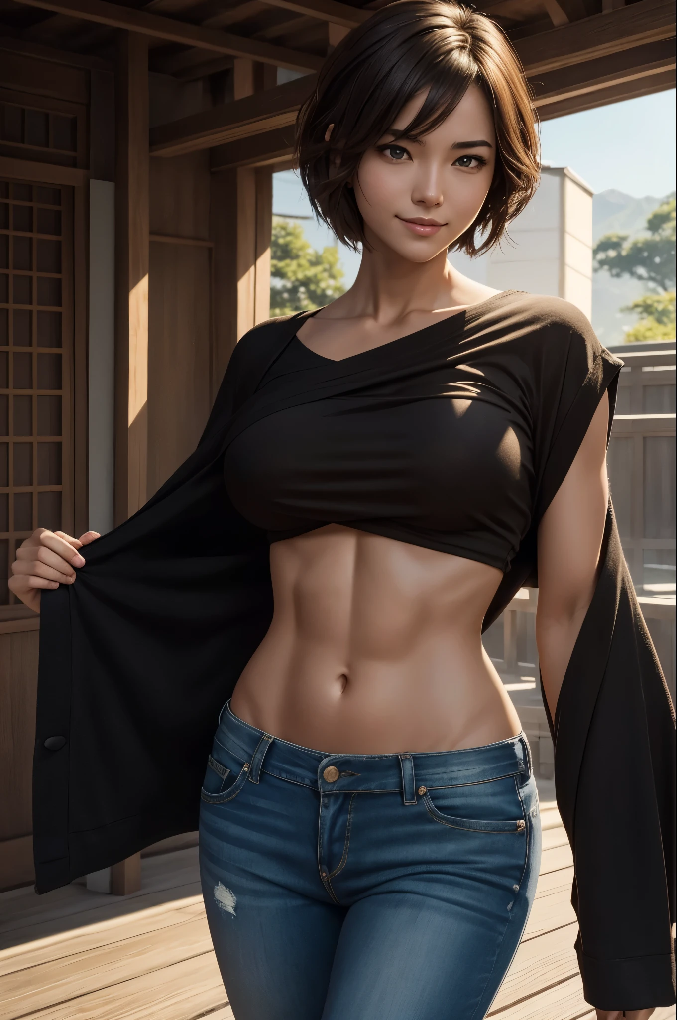 8k,adventure者の衣装,Travel through the dusty wilderness,light brown short cut hair,super beautifulな日本の女性, big and full breasts,big smile,super beautiful(like the real thing)black and red casual wear,black jeans,sexy,deviantart artstation cgscosiety, 3Dレンダリングcharacter art8 K, Alena Aenami and Artgerm, Wojtek Fuss, Trending in Artstation 8k, Trending with Art Station HD, Adventure ultra-realistic rendering, Perfect body with realistic shading, photorealistic perfect body, ultra high resolution,high quality,sexy,brown short hair,strongly cracked abdominal muscles,muscular slim body,muscular slender lower body,Close-up,masterpiece,最high qualityのフォトリアリスティックなRAW写真。bright colors,rich colors, Backlight, cinematic lighting, film grain, to be born, 50mm lens, Nikon D850,realistic skin,fantasy art,character art,hide your face,sharp gaze,adventure,Equipped with a long and large Japanese sword on the waist(carry a sword),brown jacket,