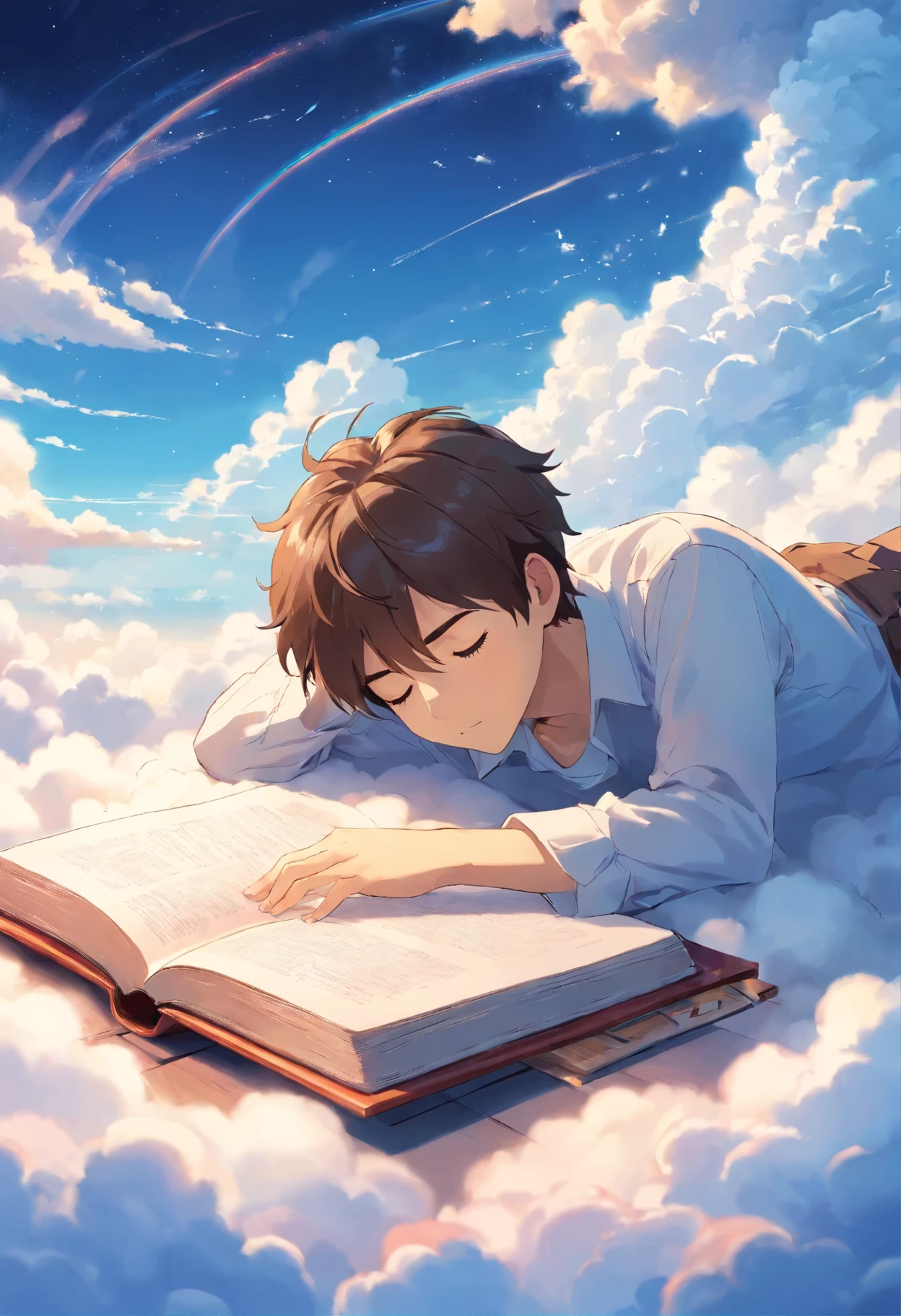 Sleeping on the clouds, A 17-year-old boy in a white shirt read a book, Eyes closed