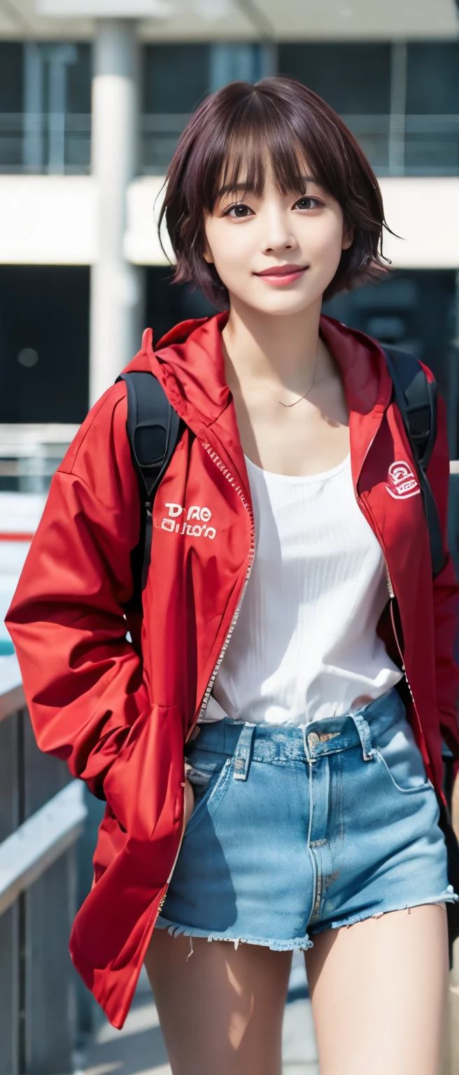 neat idol、whole body、good style、、、、red swimsuit、short purple hair、Jacket