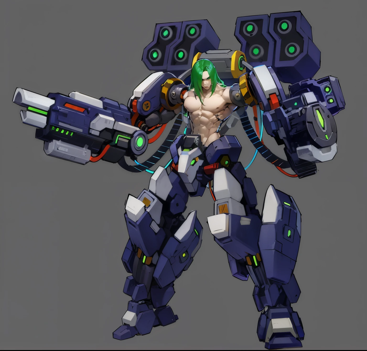 A mysterious man with long hair who has a highly prosthetic body,Surrounded by mecha packages,There's a cable on me