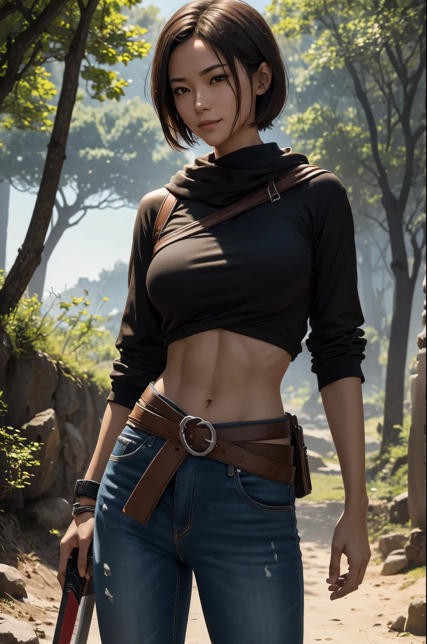 8k,adventure者の衣装,take a tour of the ruins,light brown short cut hair,super beautifulな日本の女性, big and full breasts,big smile,super beautiful(like the real thing)black and red casual wear,black jeans,sexy,deviantart artstation cgscosiety, 3Dレンダリングcharacter art8 K, Alena Aenami and Artgerm, Wojtek Fuss, Trending in Artstation 8k, Trending with Art Station HD, Adventure ultra-realistic rendering, Perfect body with realistic shading, photorealistic perfect body, ultra high resolution,high quality,sexy,brown short hair,strongly cracked abdominal muscles,muscular slim body,muscular slender lower body,Close-up,masterpiece,最high qualityのフォトリアリスティックなRAW写真。bright colors,rich colors, Backlight, cinematic lighting, film grain, to be born, 50mm lens, Nikon D850,realistic skin,fantasy art,character art,wilderness,road with dust,walk with half your face covered,hide your face,sharp gaze,adventure,Equipped with a long and large Japanese sword on the waist,